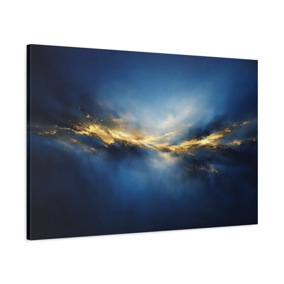 Side Mockup 1. Abstract Golden Light Blue And Gold Abstract shown as stretched canvas wall art