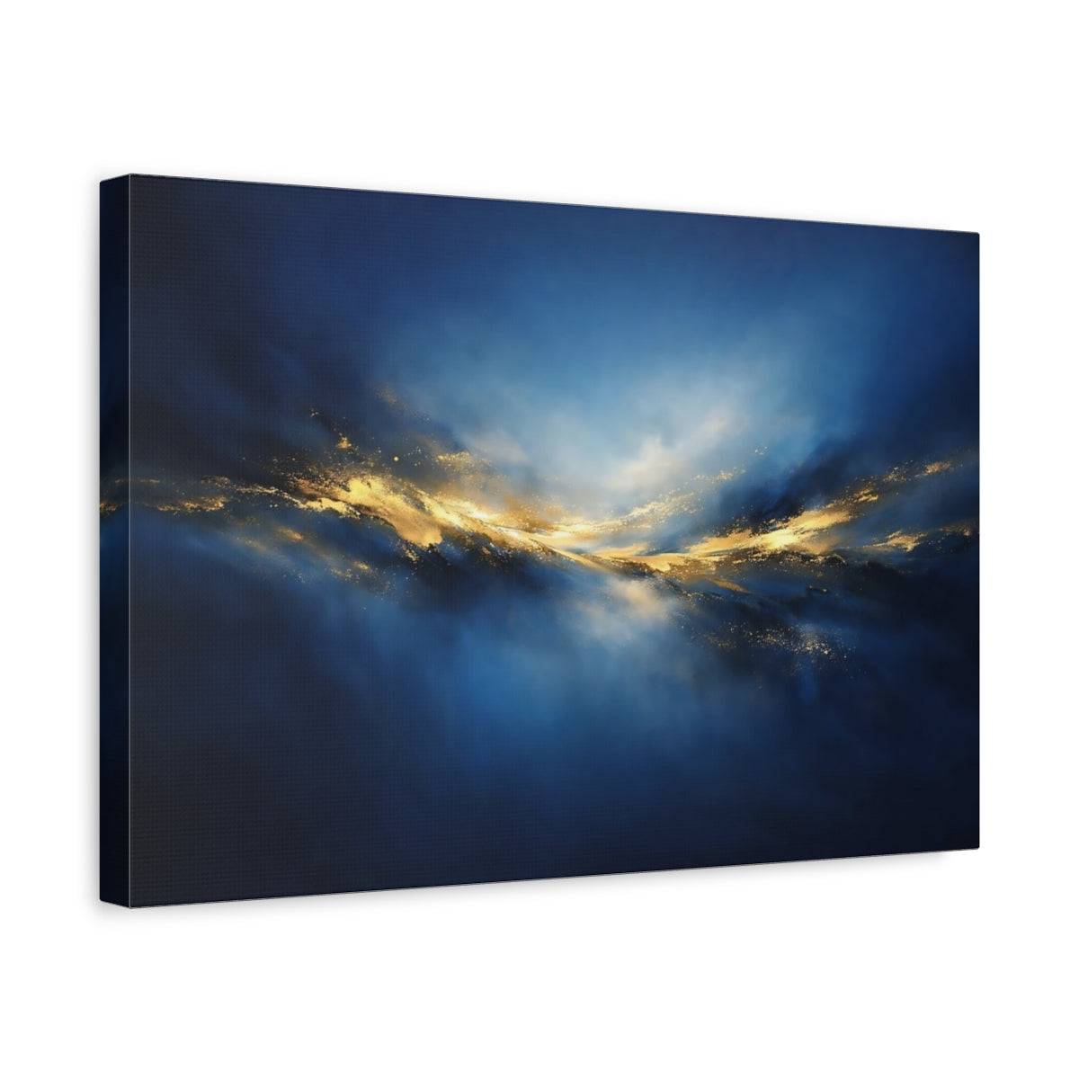 Side Mockup 4. Abstract Golden Light Blue And Gold Abstract shown as stretched canvas wall art
