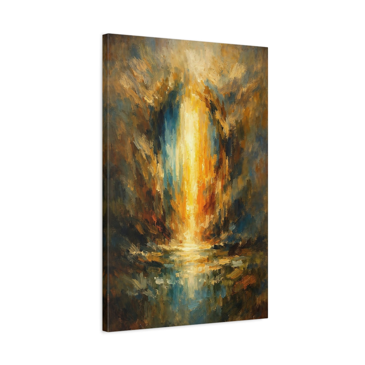 Side Mockup 2. Abstract Golden Light Golden Blue Abstract shown as stretched canvas wall art