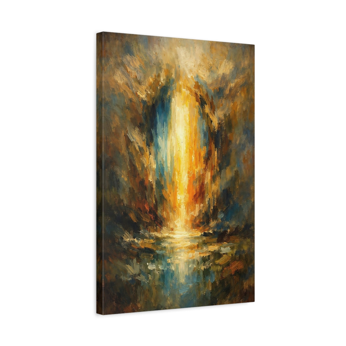 Side Mockup 3. Abstract Golden Light Golden Blue Abstract shown as stretched canvas wall art