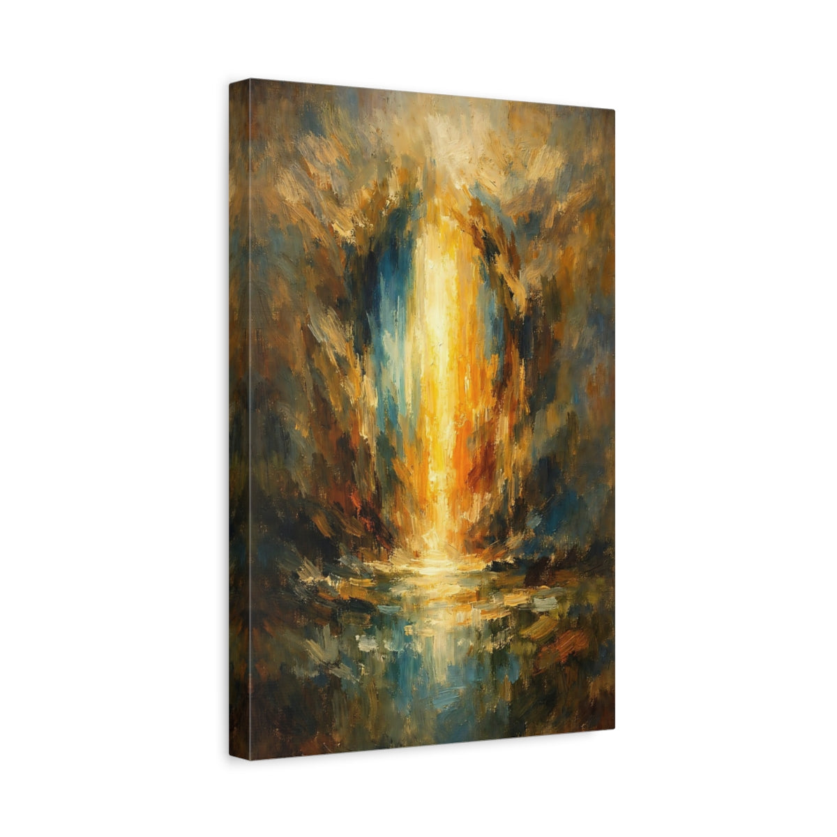 Side Mockup 4. Abstract Golden Light Golden Blue Abstract shown as stretched canvas wall art
