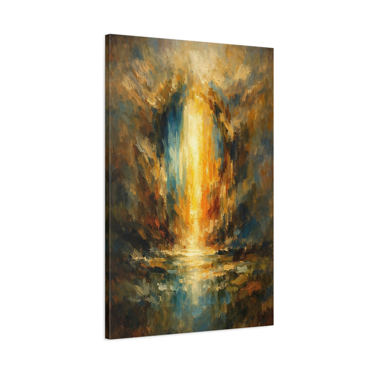 Side Mockup 1. Abstract Golden Light Golden Blue Abstract shown as stretched canvas wall art