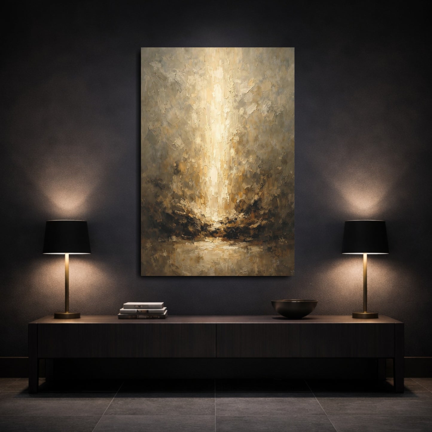 Mockup 2. Abstract Golden Light Brown And Gold shown as stretched canvas wall art
