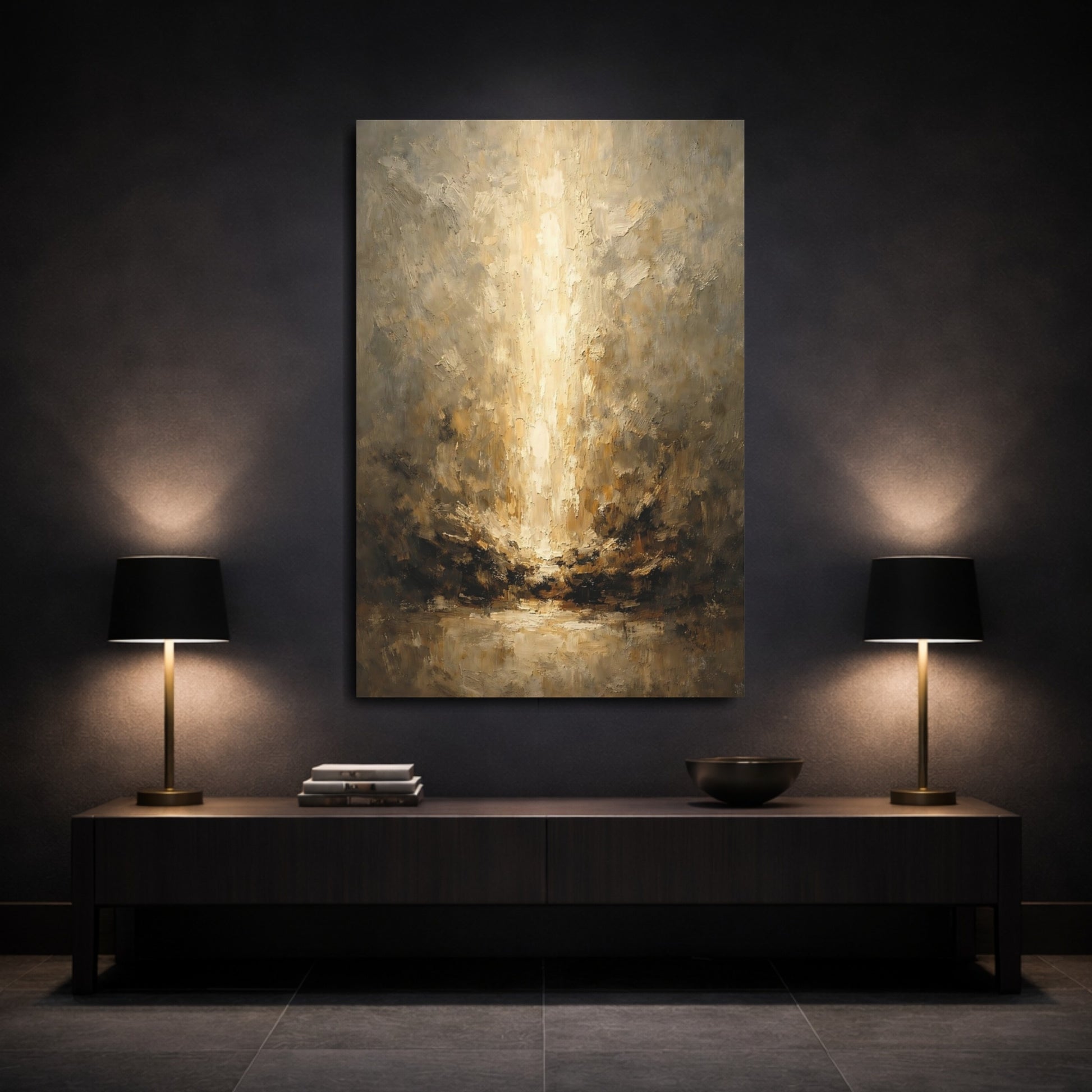 Mockup 2. Abstract Golden Light Brown And Gold shown as stretched canvas wall art
