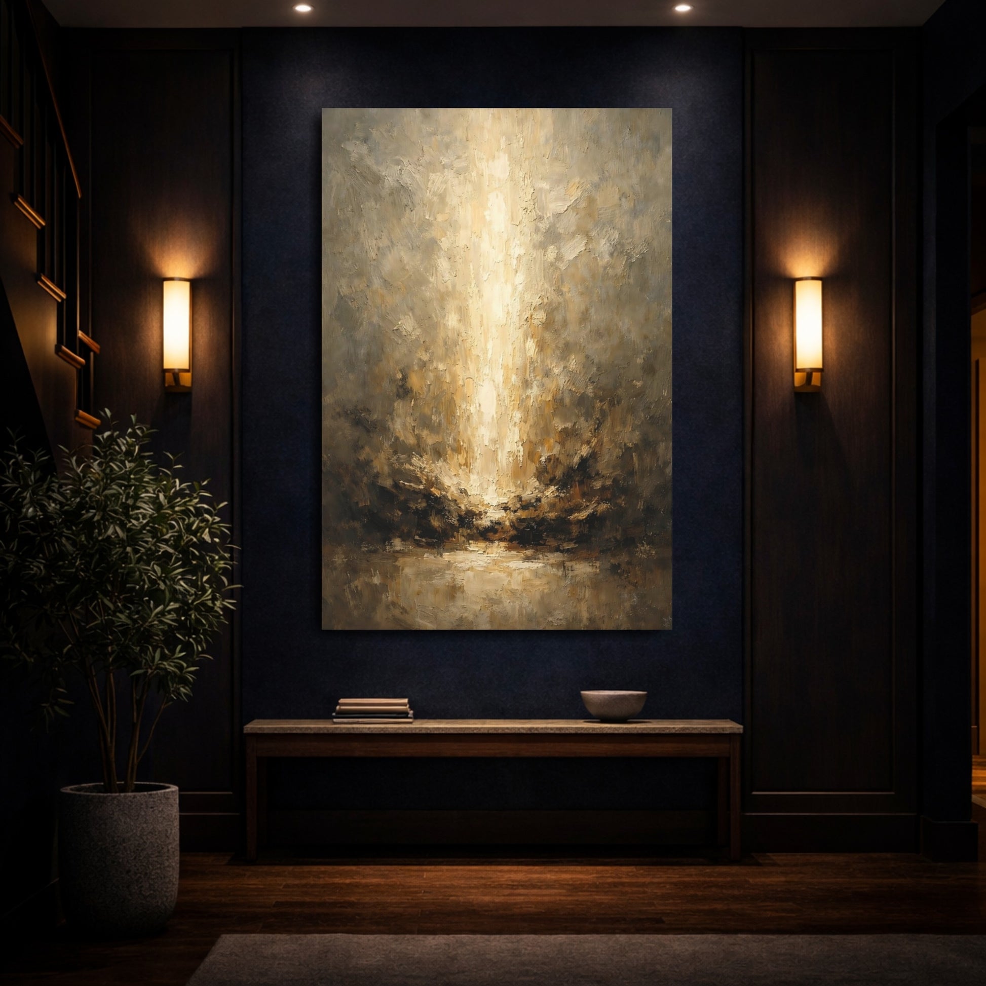 Mockup 3. Abstract Golden Light Brown And Gold shown as stretched canvas wall art
