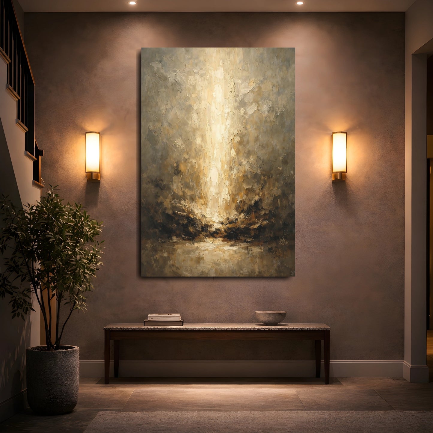 Mockup 4. Abstract Golden Light Brown And Gold shown as stretched canvas wall art