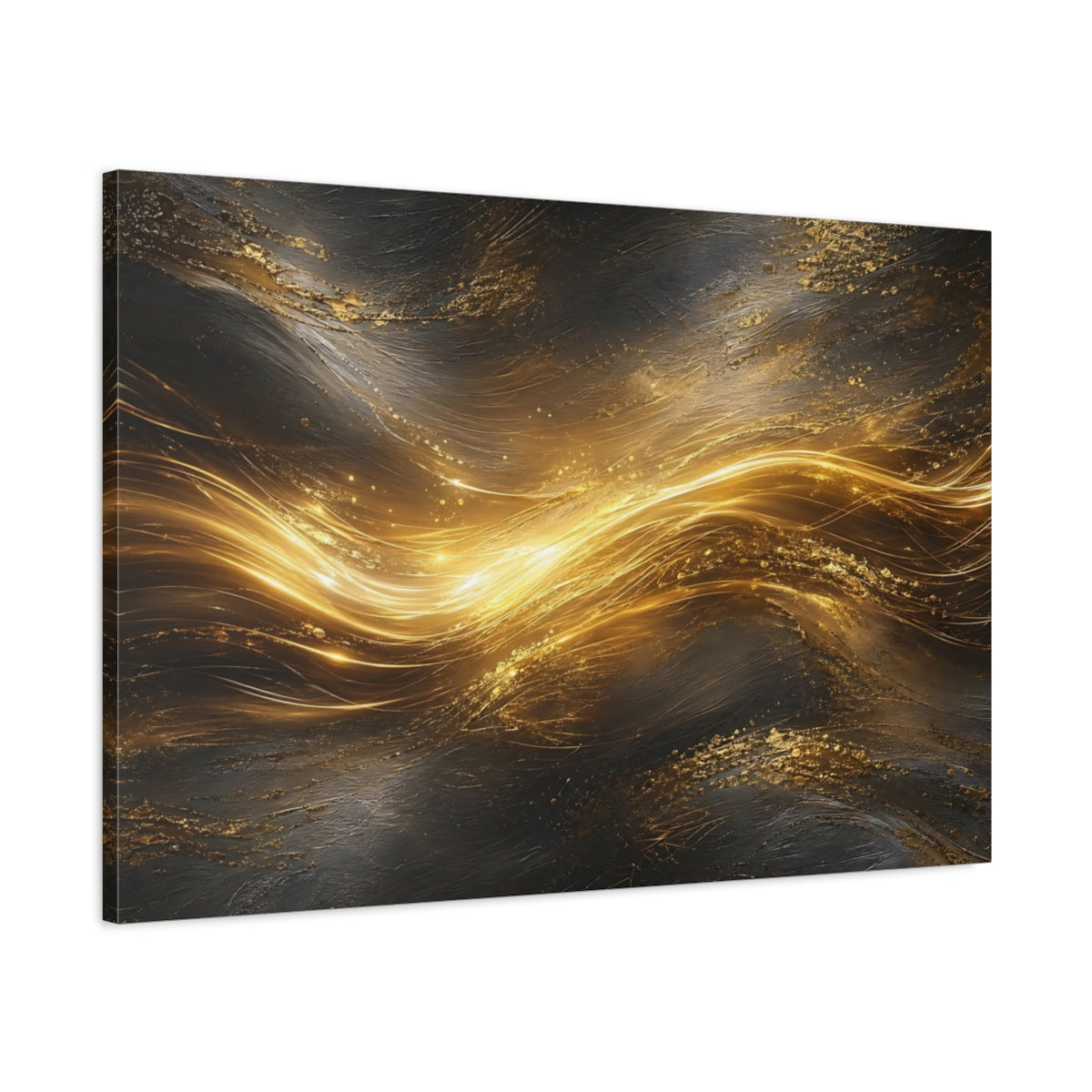 Main Mockup. Abstract Golden Light Gold And Black shown as stretched canvas wall art