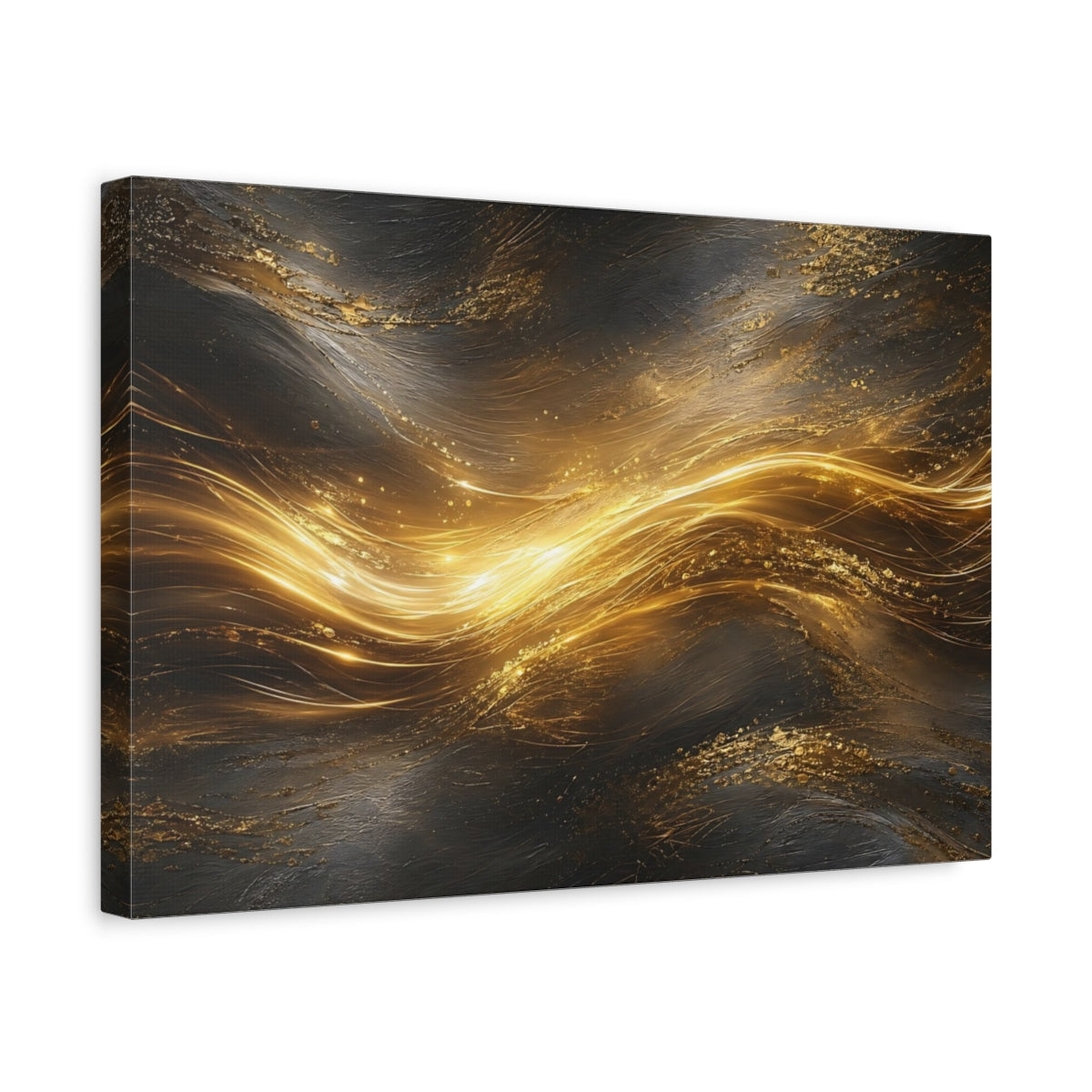 Side Mockup 4. Abstract Golden Light Gold And Black shown as stretched canvas wall art