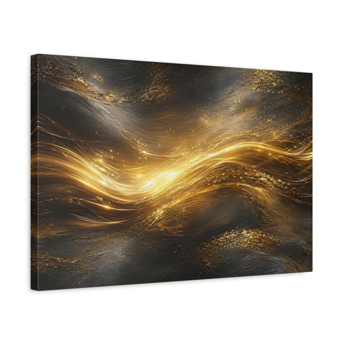 Side Mockup 3. Abstract Golden Light Gold And Black shown as stretched canvas wall art