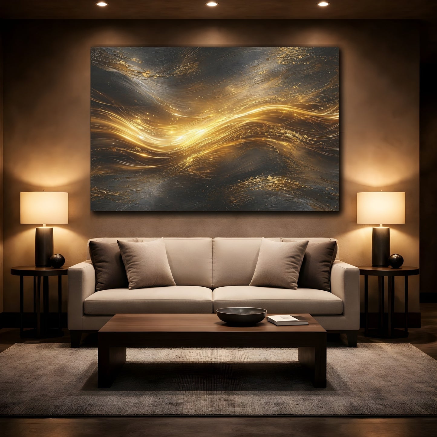 Mockup 2. Abstract Golden Light Gold And Black shown as stretched canvas wall art