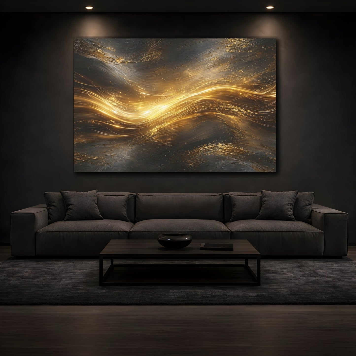 Mockup 3. Abstract Golden Light Gold And Black shown as stretched canvas wall art