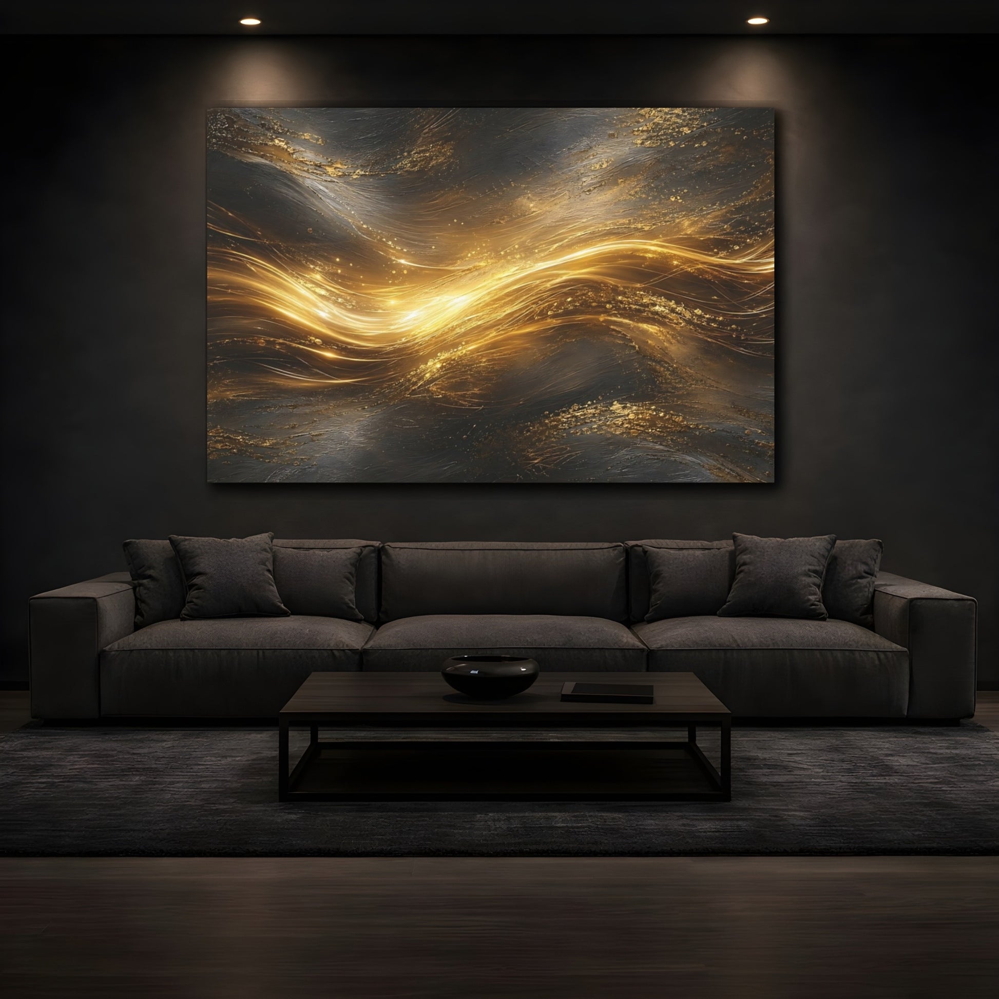 Mockup 3. Abstract Golden Light Gold And Black shown as stretched canvas wall art