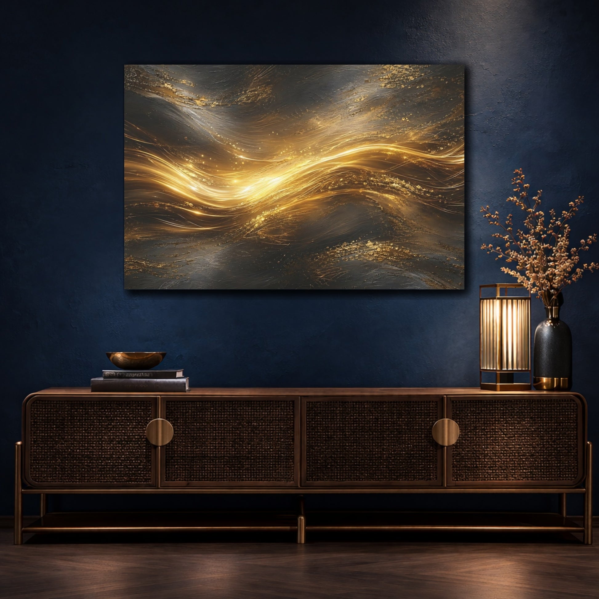 Mockup 4. Abstract Golden Light Gold And Black shown as stretched canvas wall art