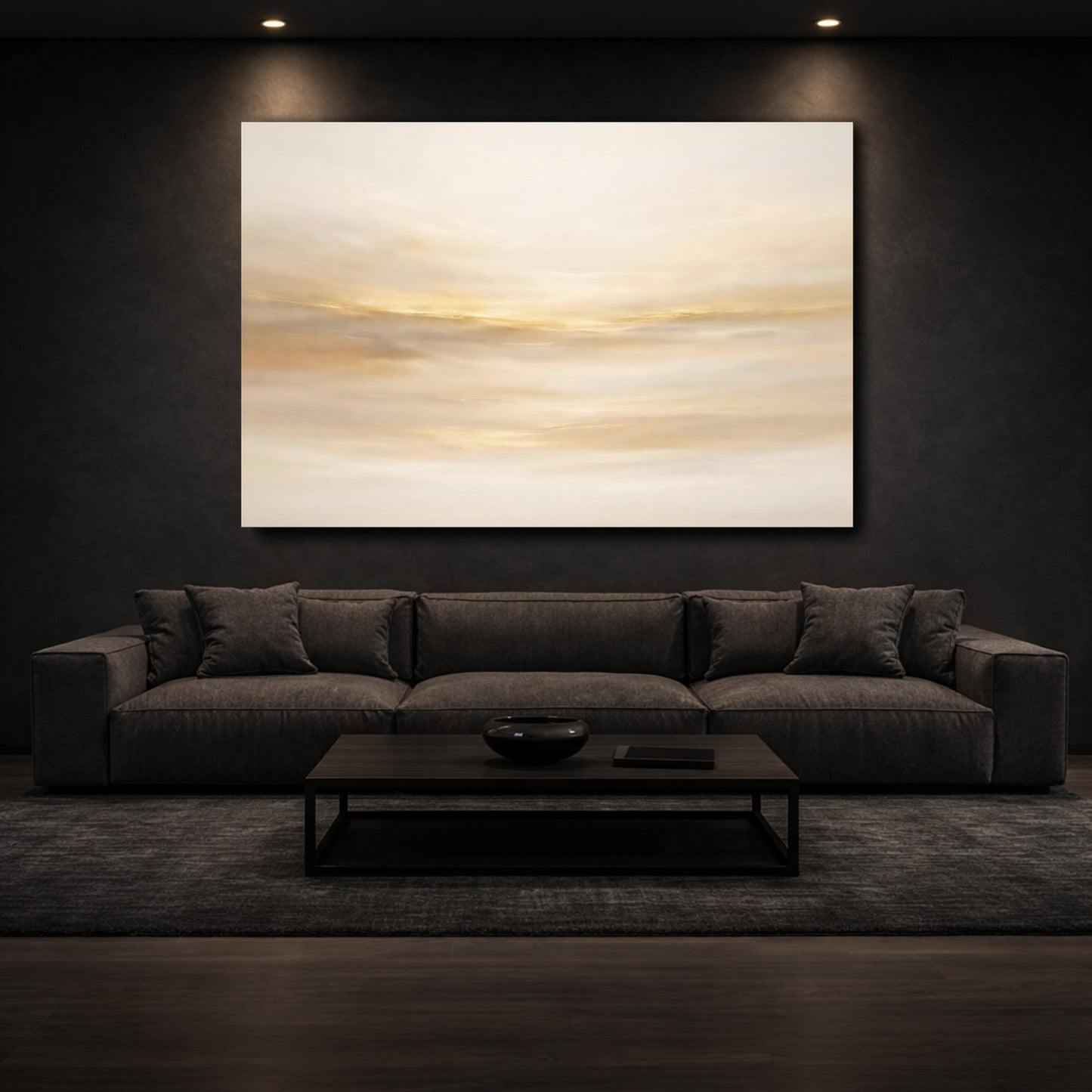 Mockup 2. Abstract Golden Light Gold And Cream shown as stretched canvas wall art