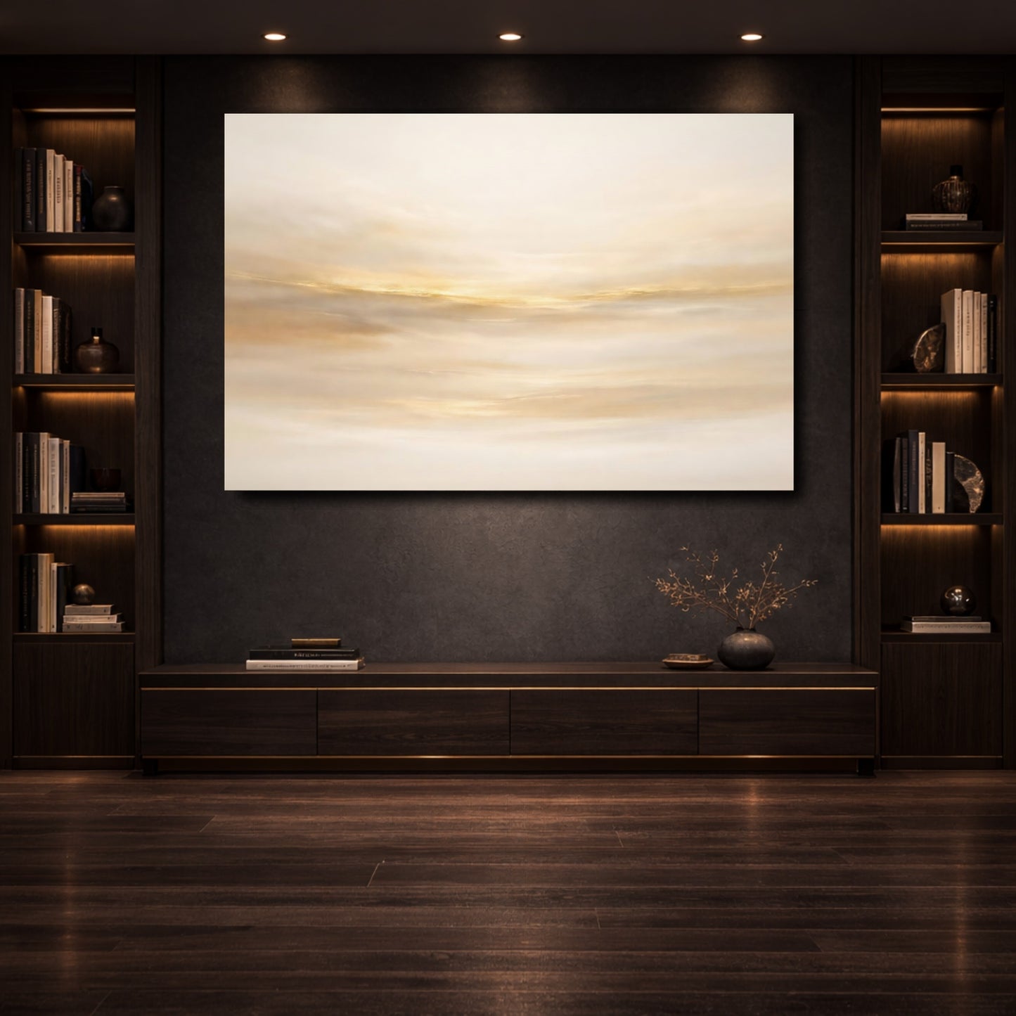 Mockup 3. Abstract Golden Light Gold And Cream shown as stretched canvas wall art
