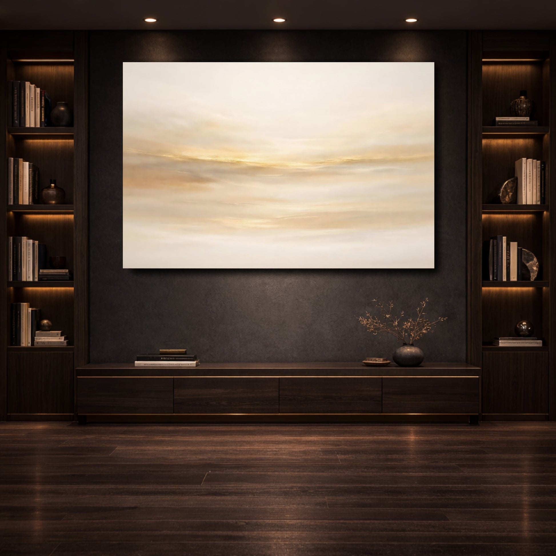 Mockup 3. Abstract Golden Light Gold And Cream shown as stretched canvas wall art