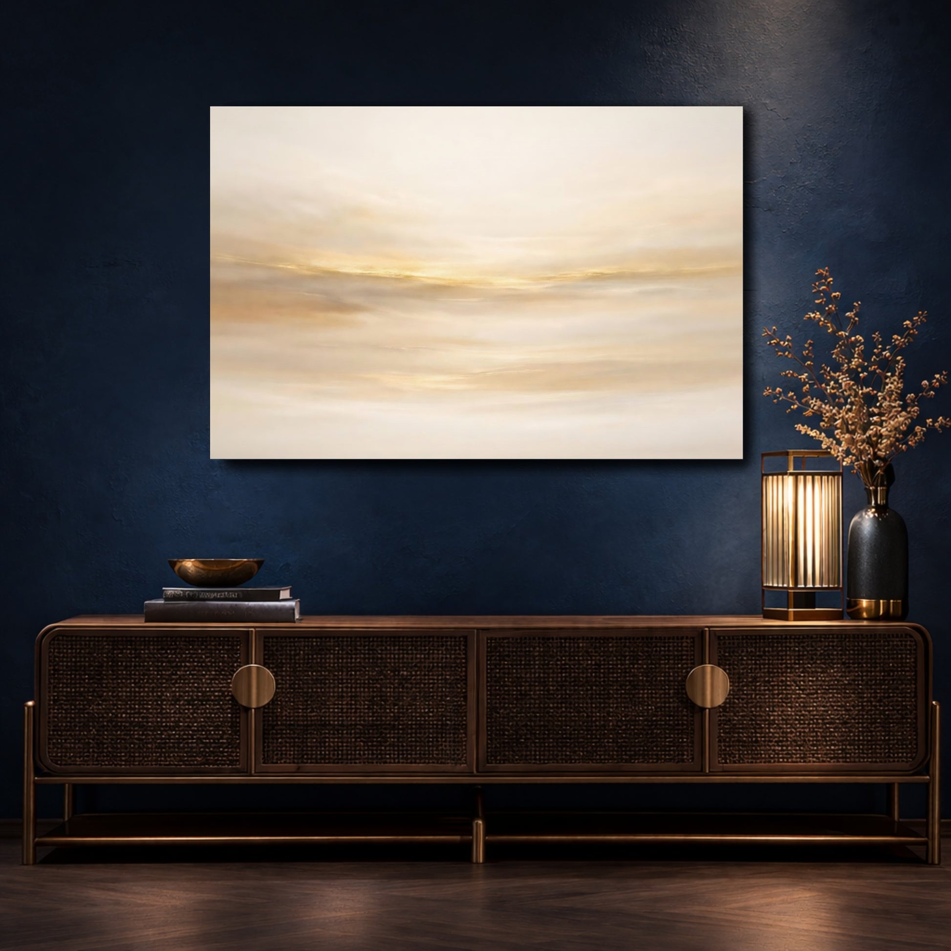 Mockup 4. Abstract Golden Light Gold And Cream shown as stretched canvas wall art