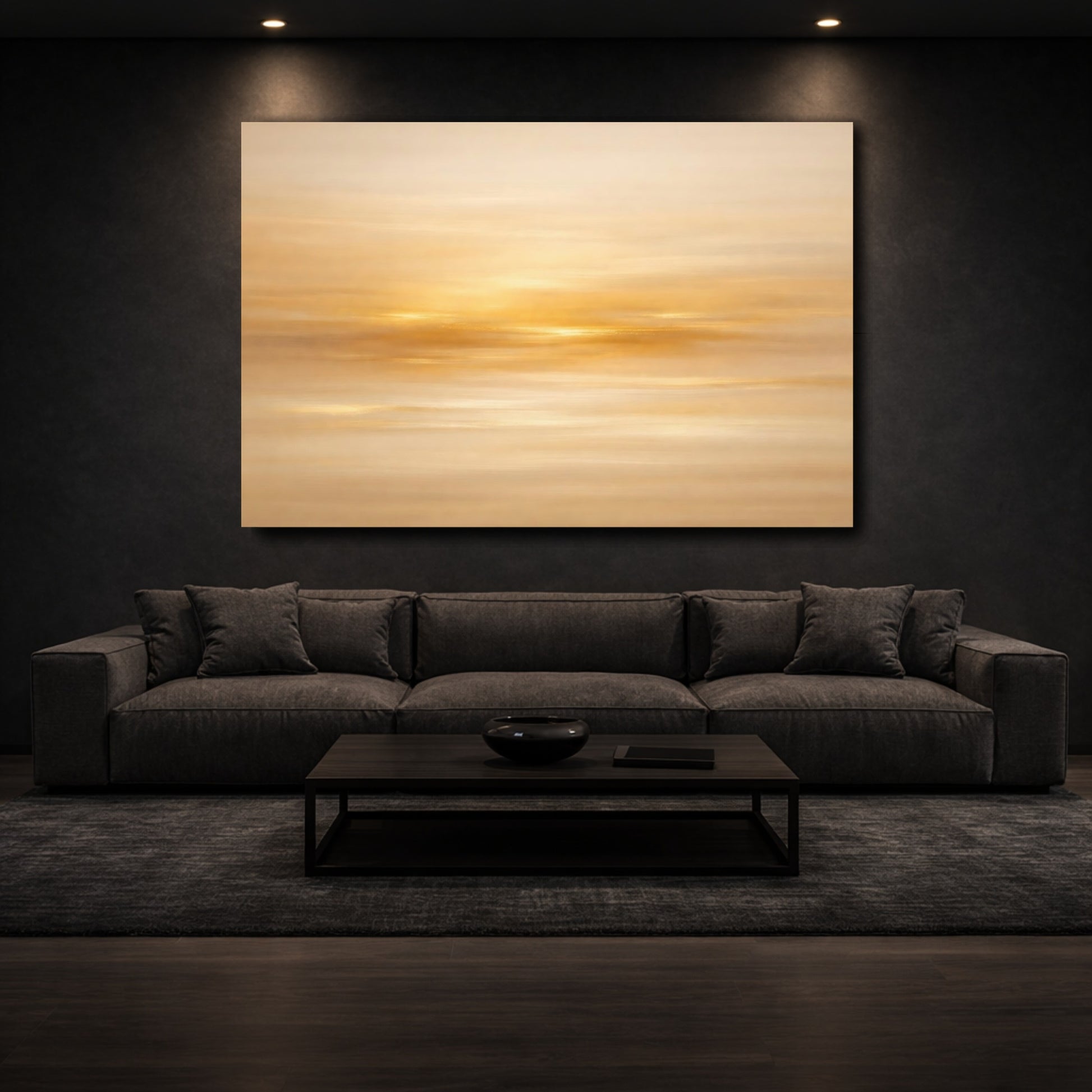 Mockup 2. Abstract Golden Light Golden Abstract shown as stretched canvas wall art