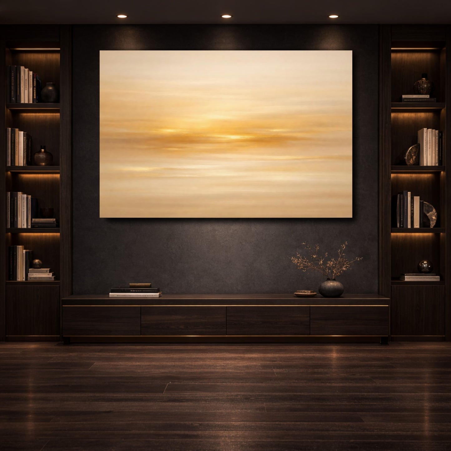Mockup 3. Abstract Golden Light Golden Abstract shown as stretched canvas wall art
