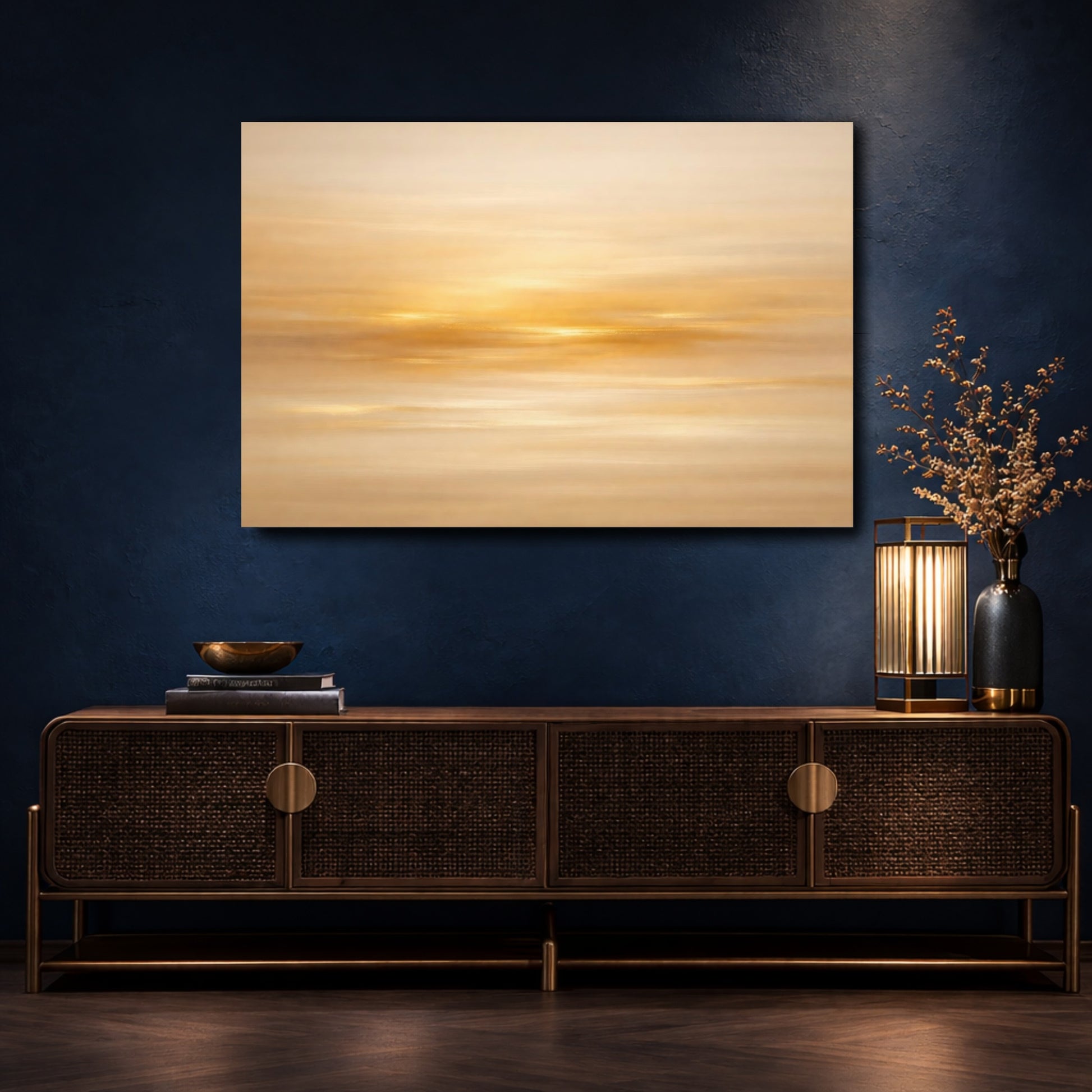 Mockup 4. Abstract Golden Light Golden Abstract shown as stretched canvas wall art