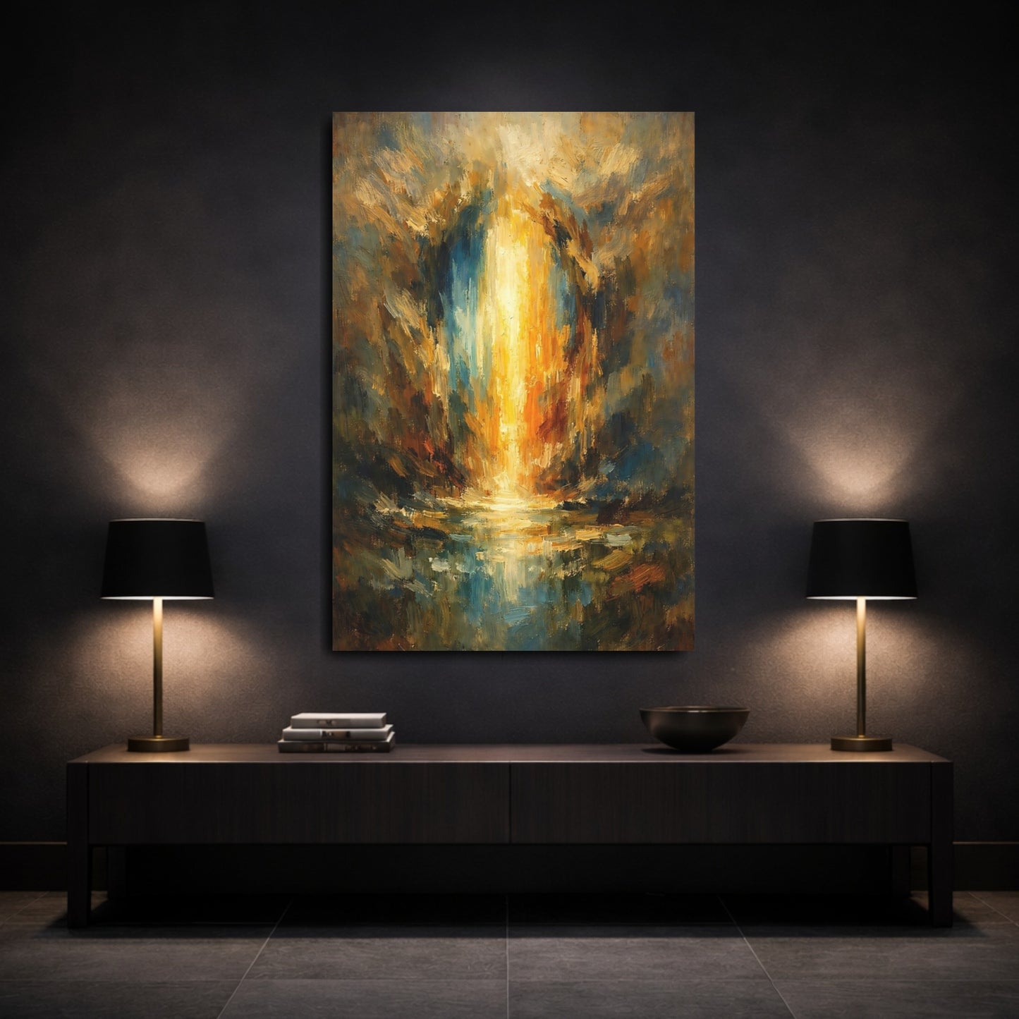 Mockup 2. Abstract Golden Light Golden Blue Abstract shown as stretched canvas wall art
