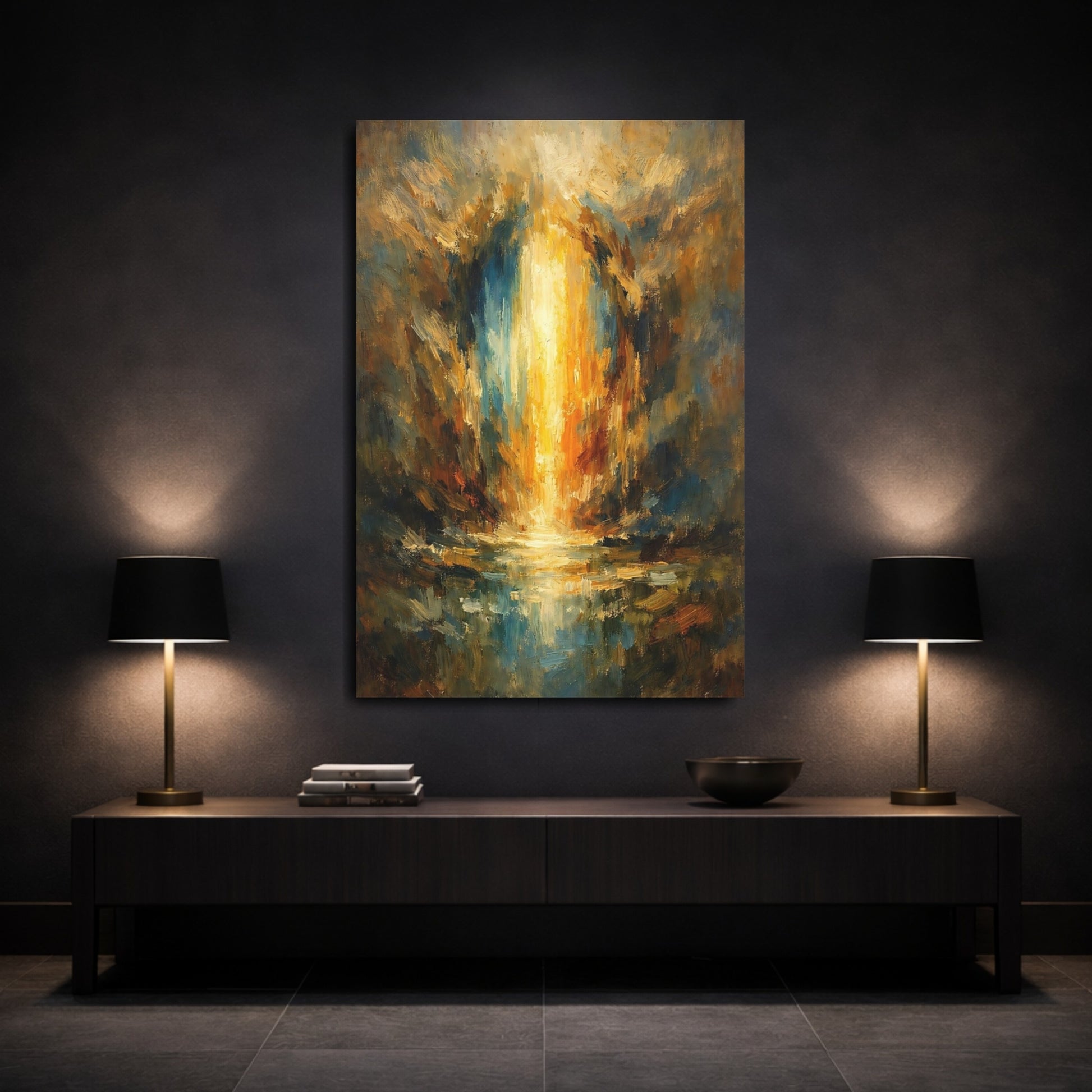Mockup 2. Abstract Golden Light Golden Blue Abstract shown as stretched canvas wall art