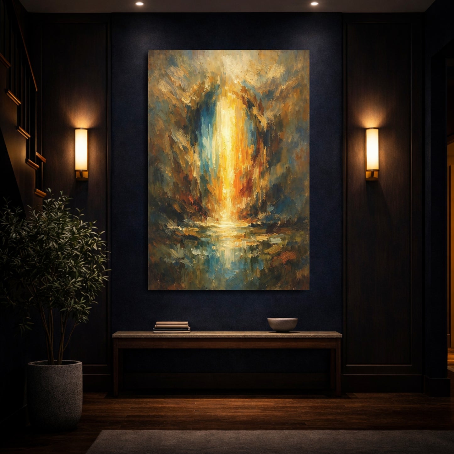 Mockup 3. Abstract Golden Light Golden Blue Abstract shown as stretched canvas wall art