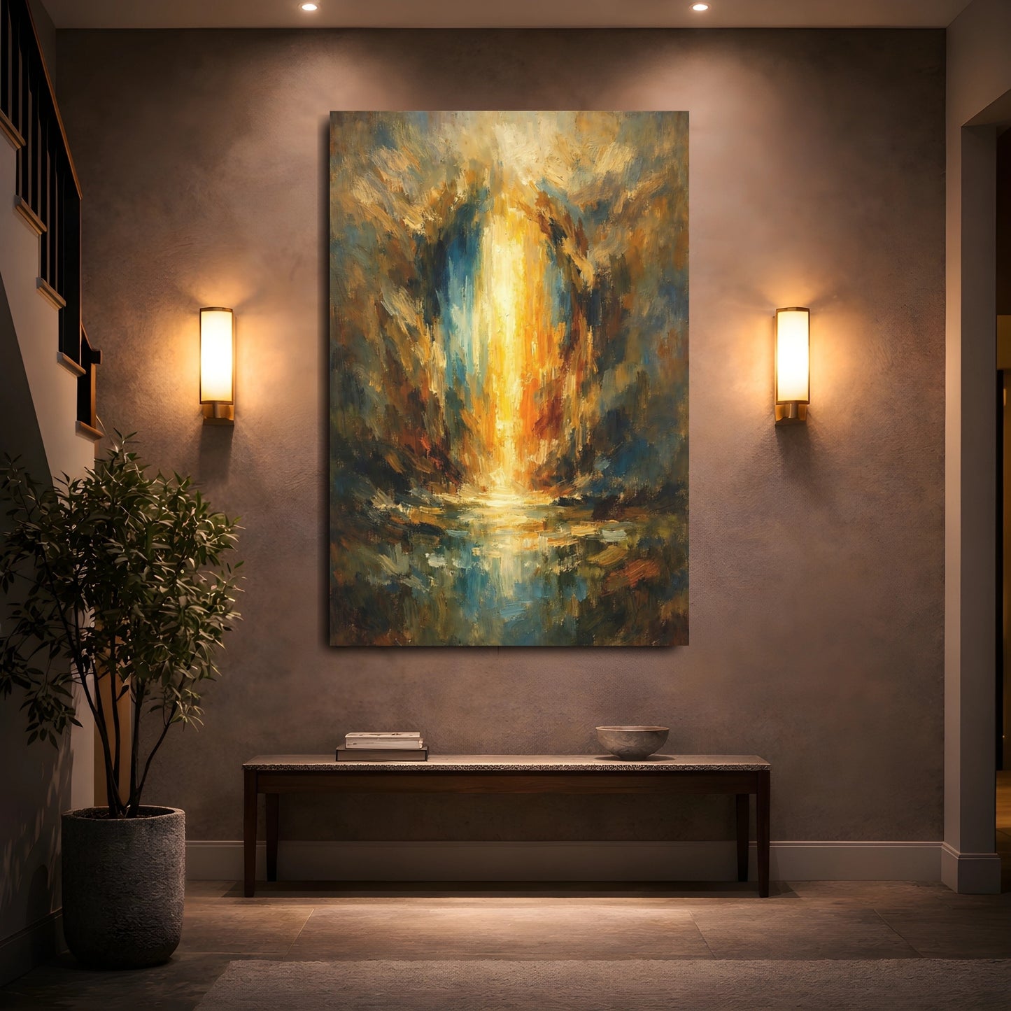 Mockup 4. Abstract Golden Light Golden Blue Abstract shown as stretched canvas wall art