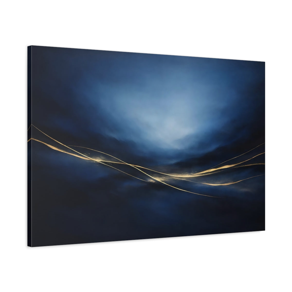 Side Mockup 1. Abstract Golden Lines Blue And Gold shown as stretched canvas wall art