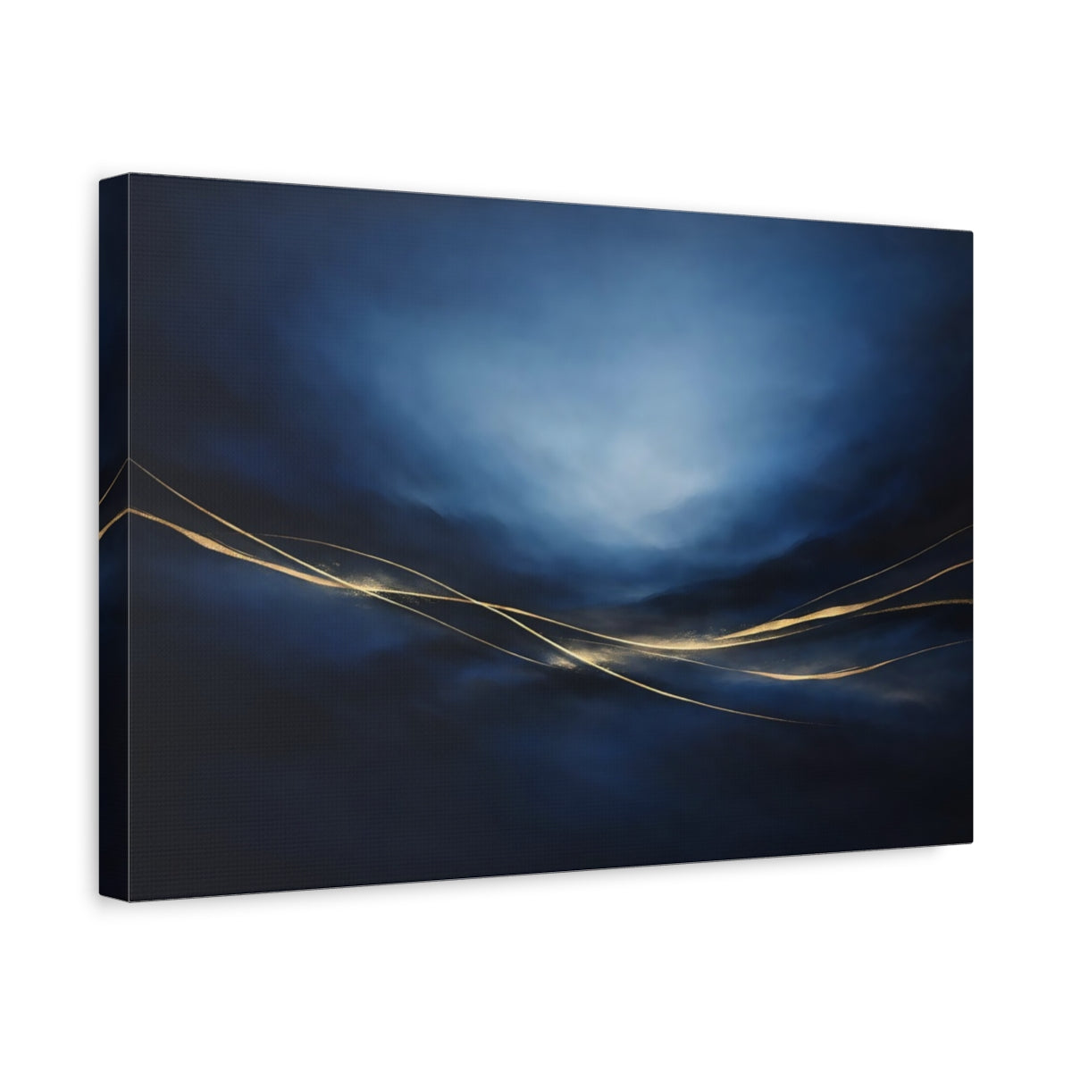Side Mockup 4. Abstract Golden Lines Blue And Gold shown as stretched canvas wall art