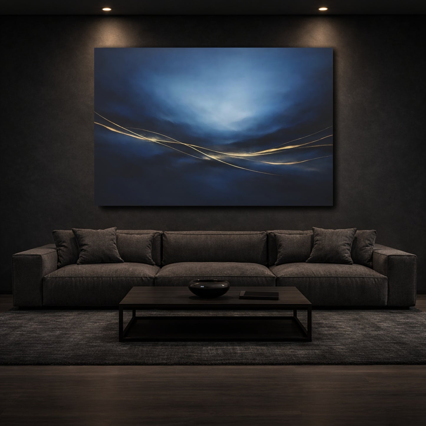Mockup 2. Abstract Golden Lines Blue And Gold shown as stretched canvas wall art