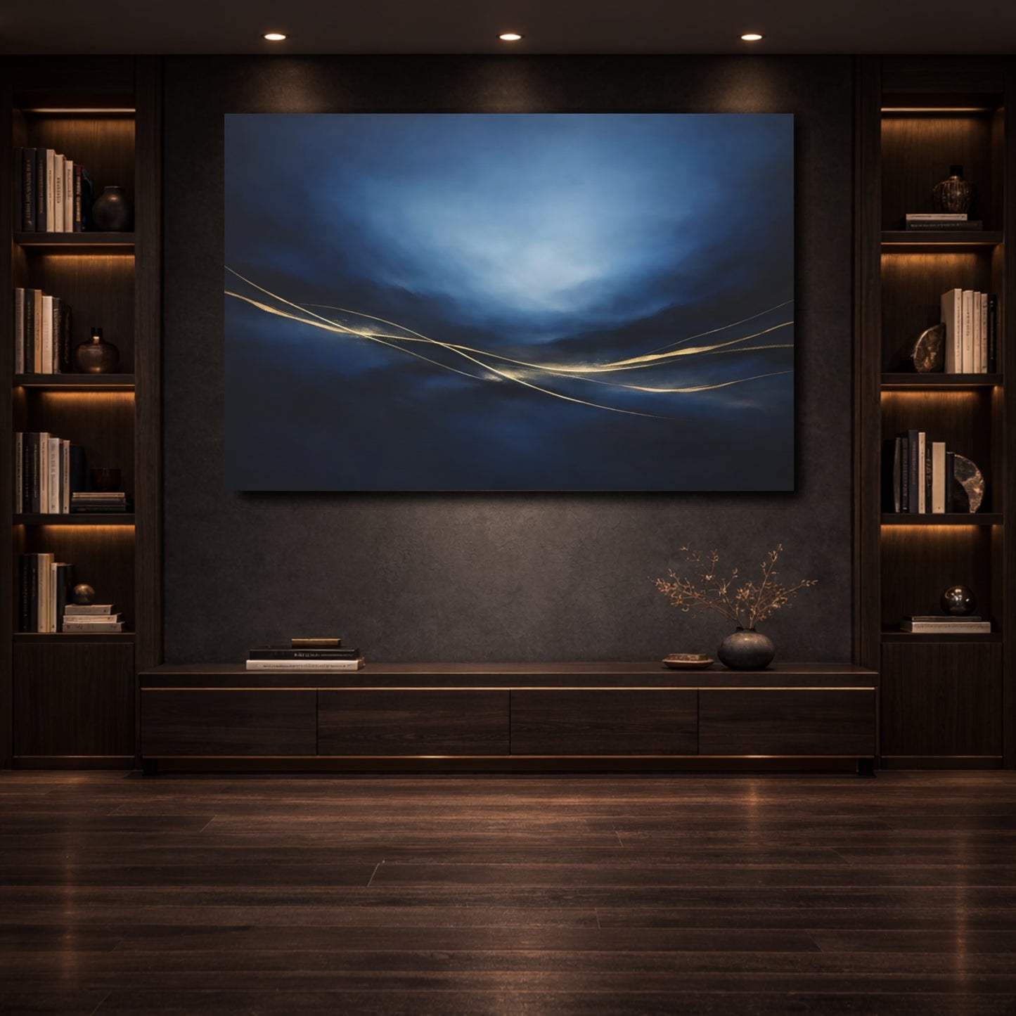 Mockup 3. Abstract Golden Lines Blue And Gold shown as stretched canvas wall art