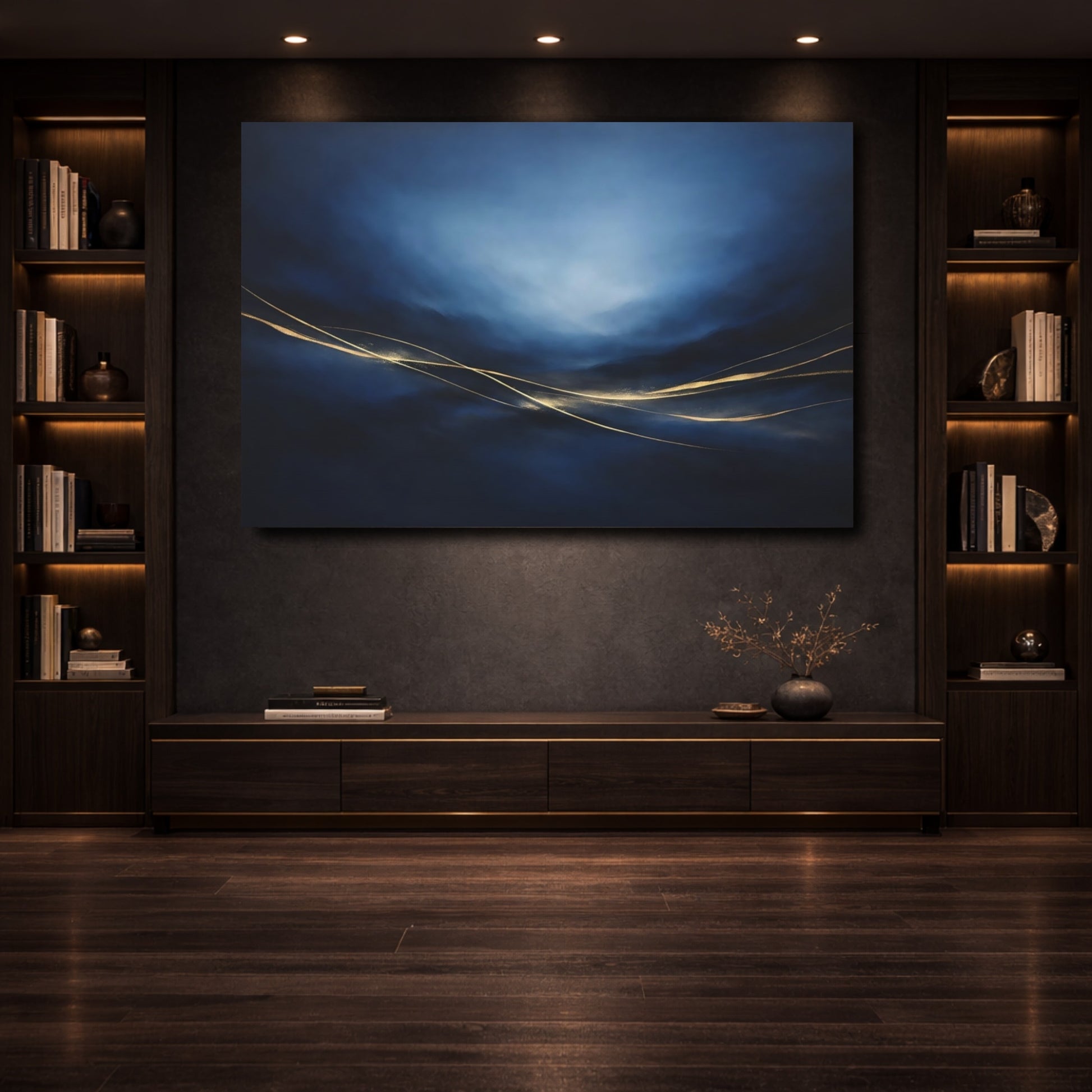 Mockup 3. Abstract Golden Lines Blue And Gold shown as stretched canvas wall art