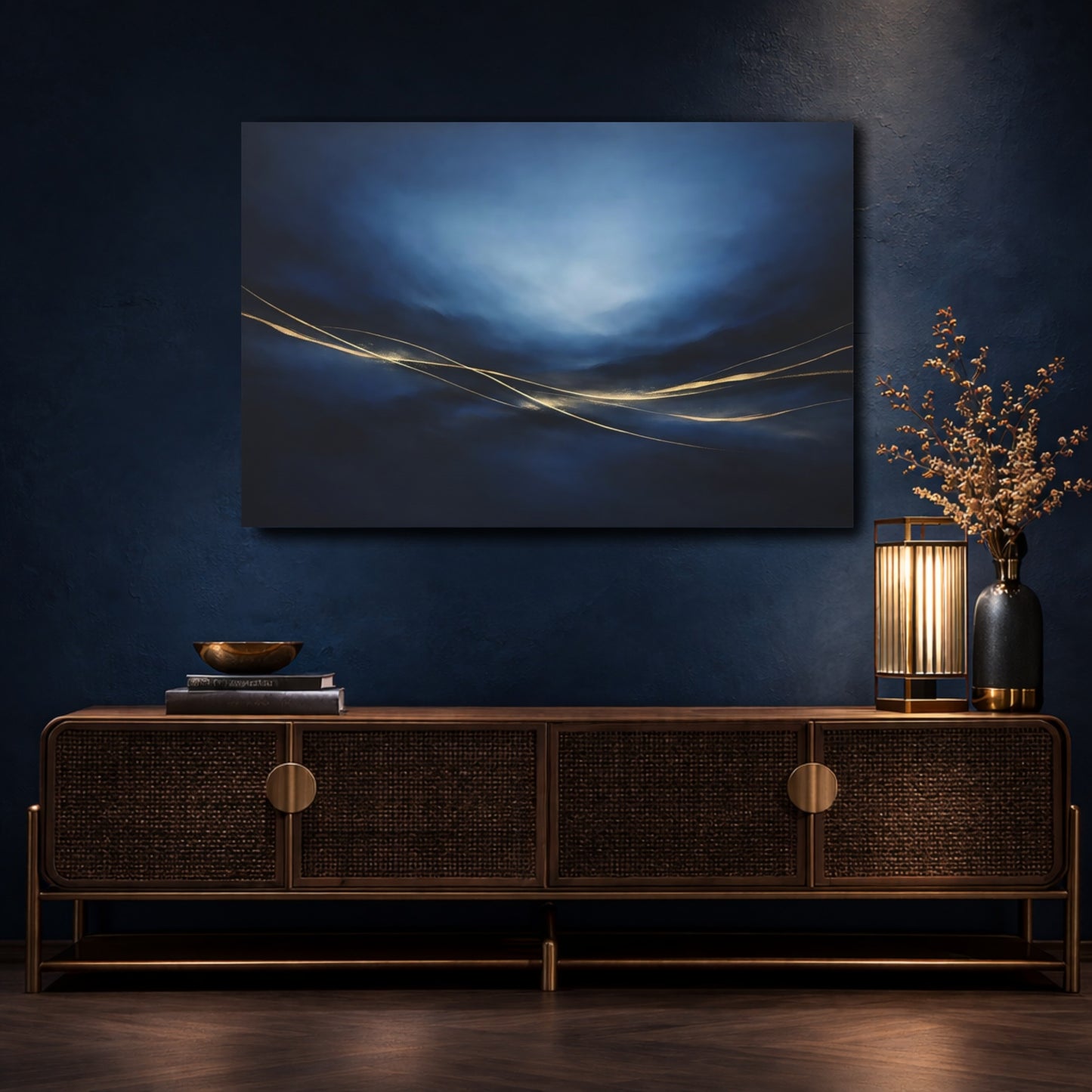 Mockup 4. Abstract Golden Lines Blue And Gold shown as stretched canvas wall art