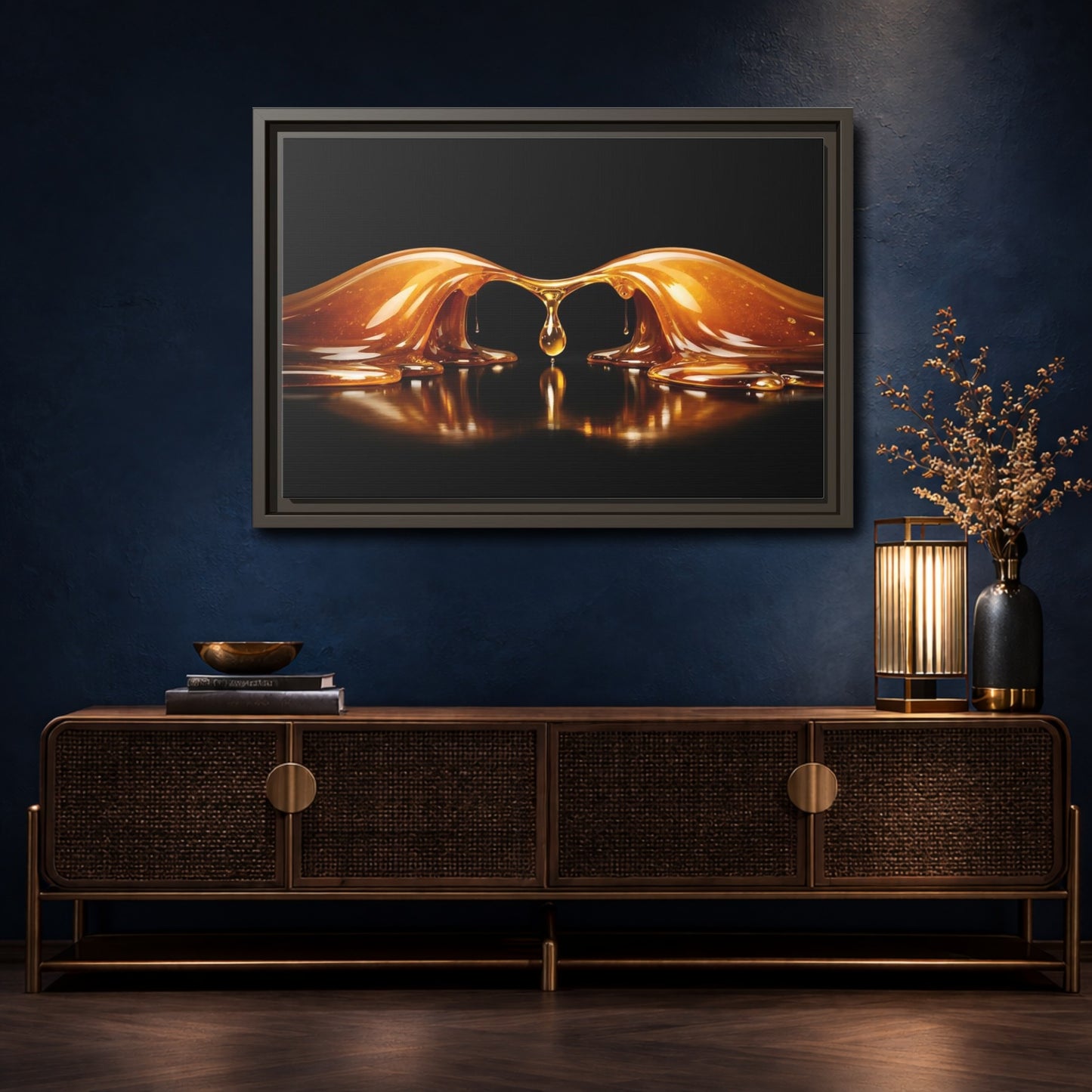 Mockup 4. Abstract Golden Liquid Golden Black shown as stretched canvas wall art
