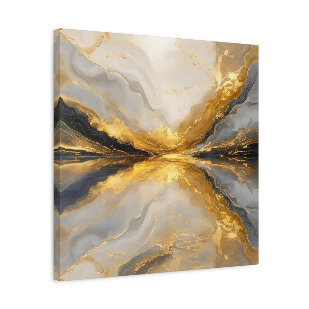 Side Mockup 5. Abstract Golden Marble Gold And Grey shown as stretched canvas wall art