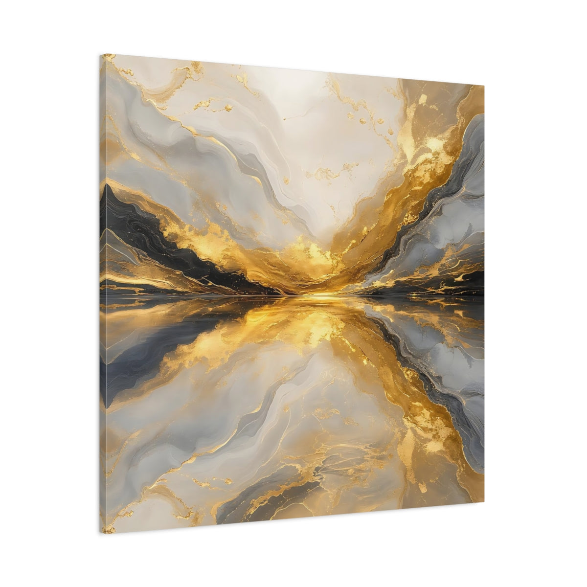 Side Mockup 1. Abstract Golden Marble Gold And Grey shown as stretched canvas wall art