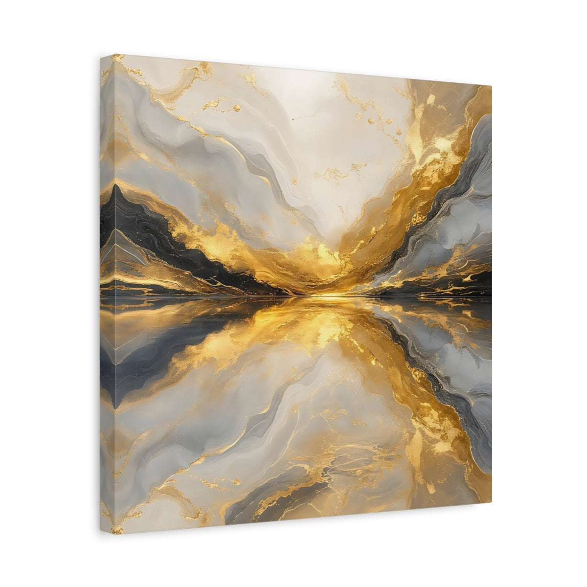 Side Mockup 6. Abstract Golden Marble Gold And Grey shown as stretched canvas wall art