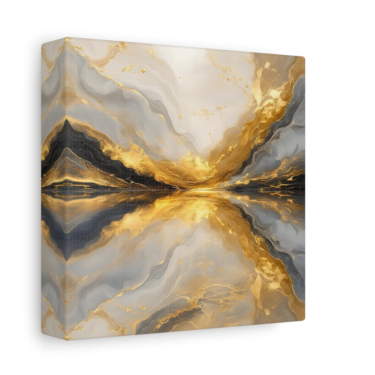 Side Mockup 2. Abstract Golden Marble Gold And Grey shown as stretched canvas wall art