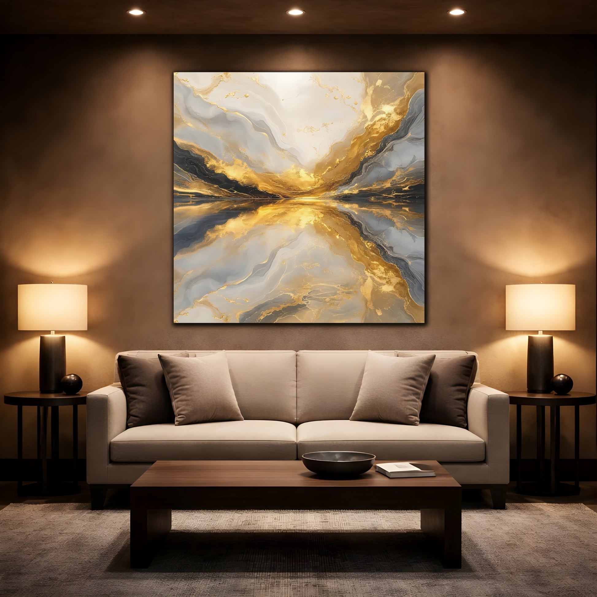 Mockup 2. Abstract Golden Marble Gold And Grey shown as stretched canvas wall art