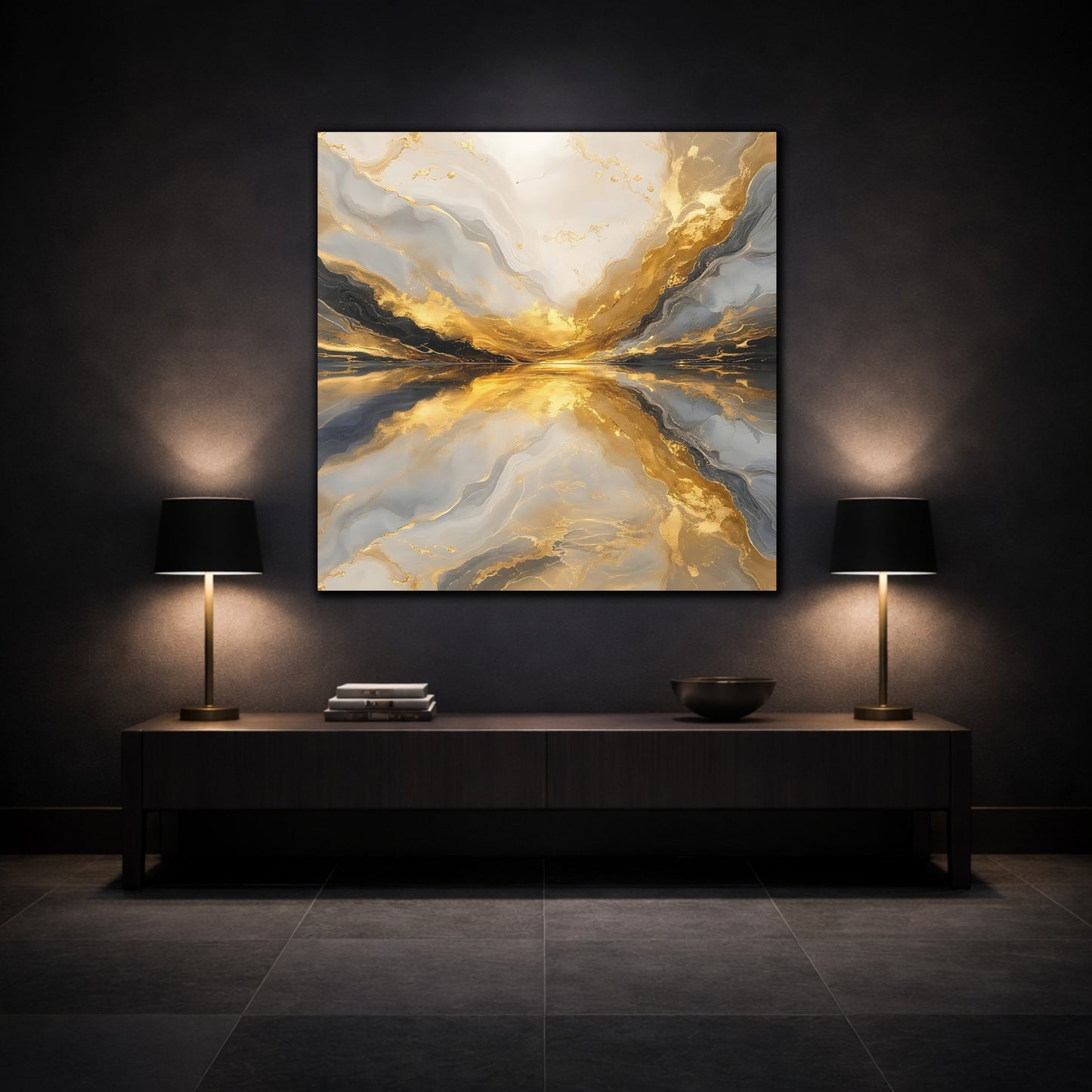 Mockup 3. Abstract Golden Marble Gold And Grey shown as stretched canvas wall art