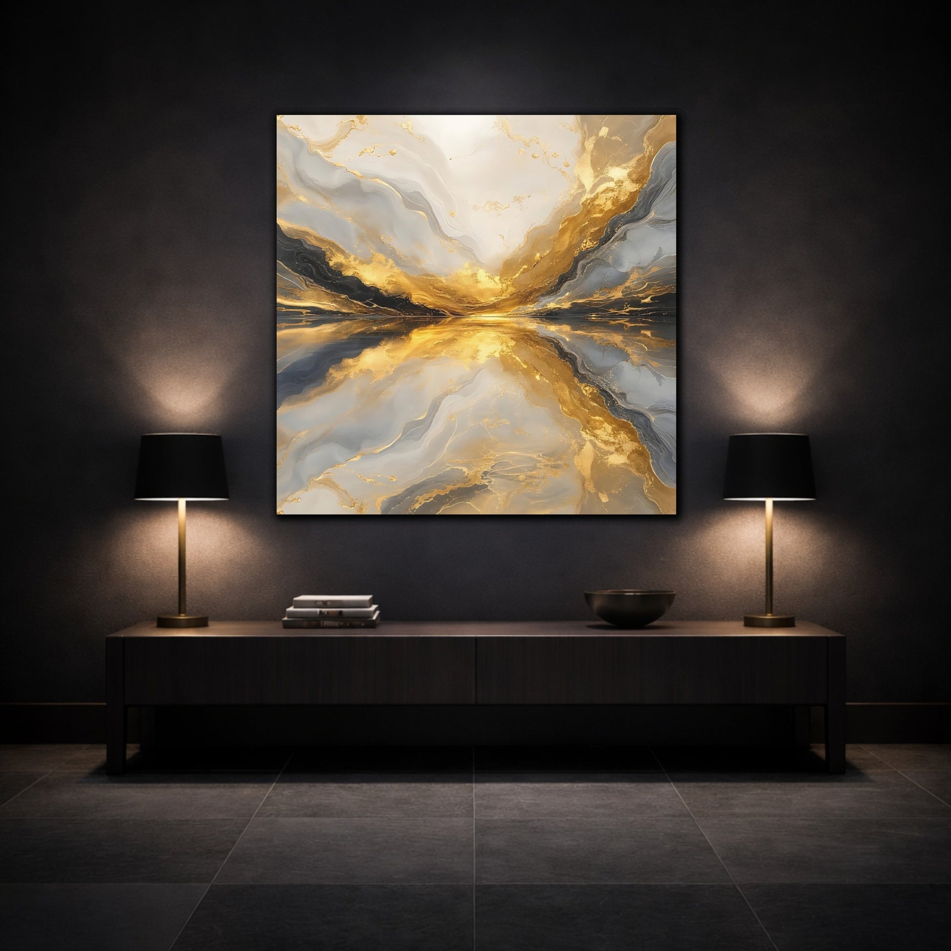 Mockup 3. Abstract Golden Marble Gold And Grey shown as stretched canvas wall art