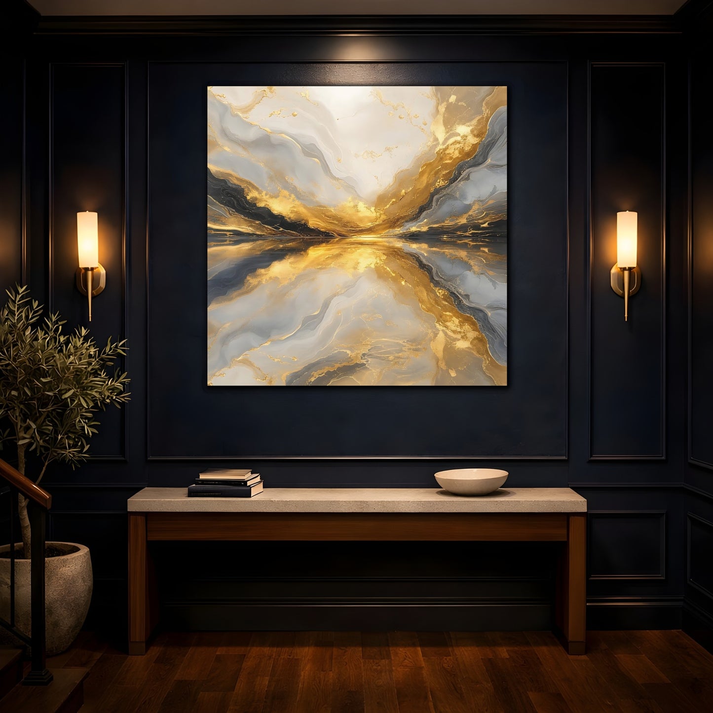 Mockup 4. Abstract Golden Marble Gold And Grey shown as stretched canvas wall art