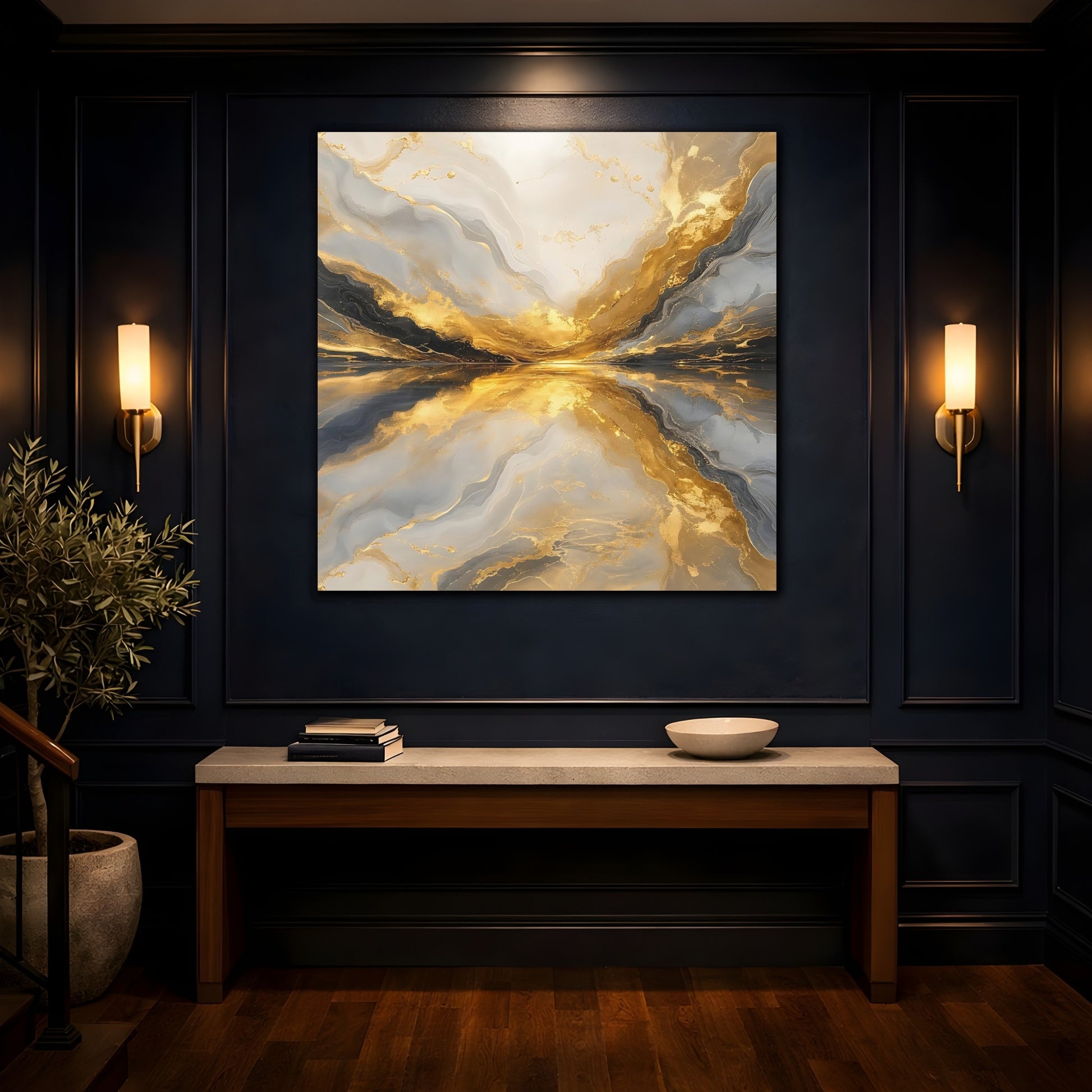 Mockup 4. Abstract Golden Marble Gold And Grey shown as stretched canvas wall art