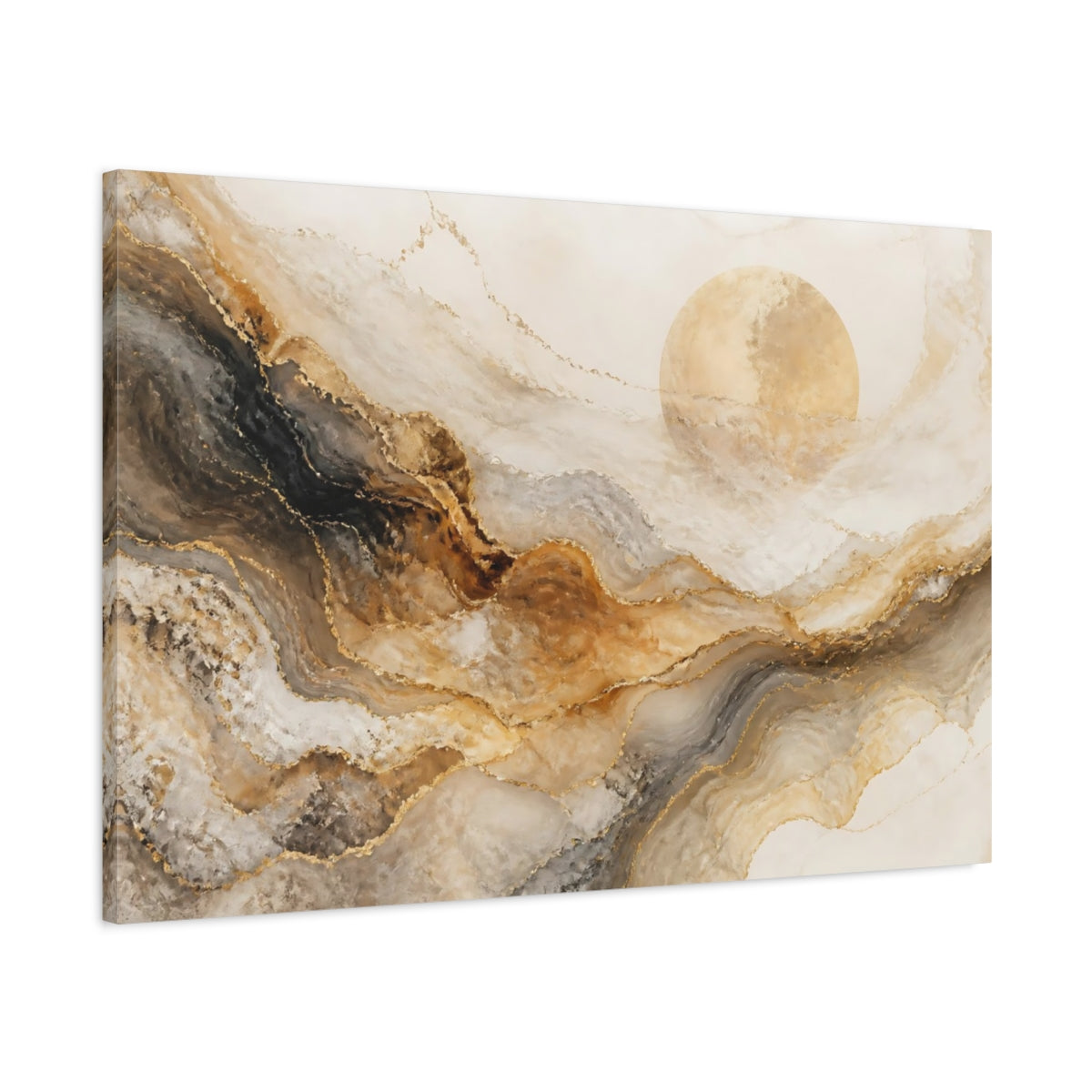 Main Mockup. Abstract Golden Marble Sun shown as canvas print