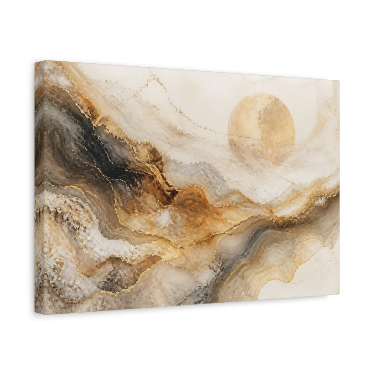 Side Mockup 4. Abstract Golden Marble Sun shown as canvas print