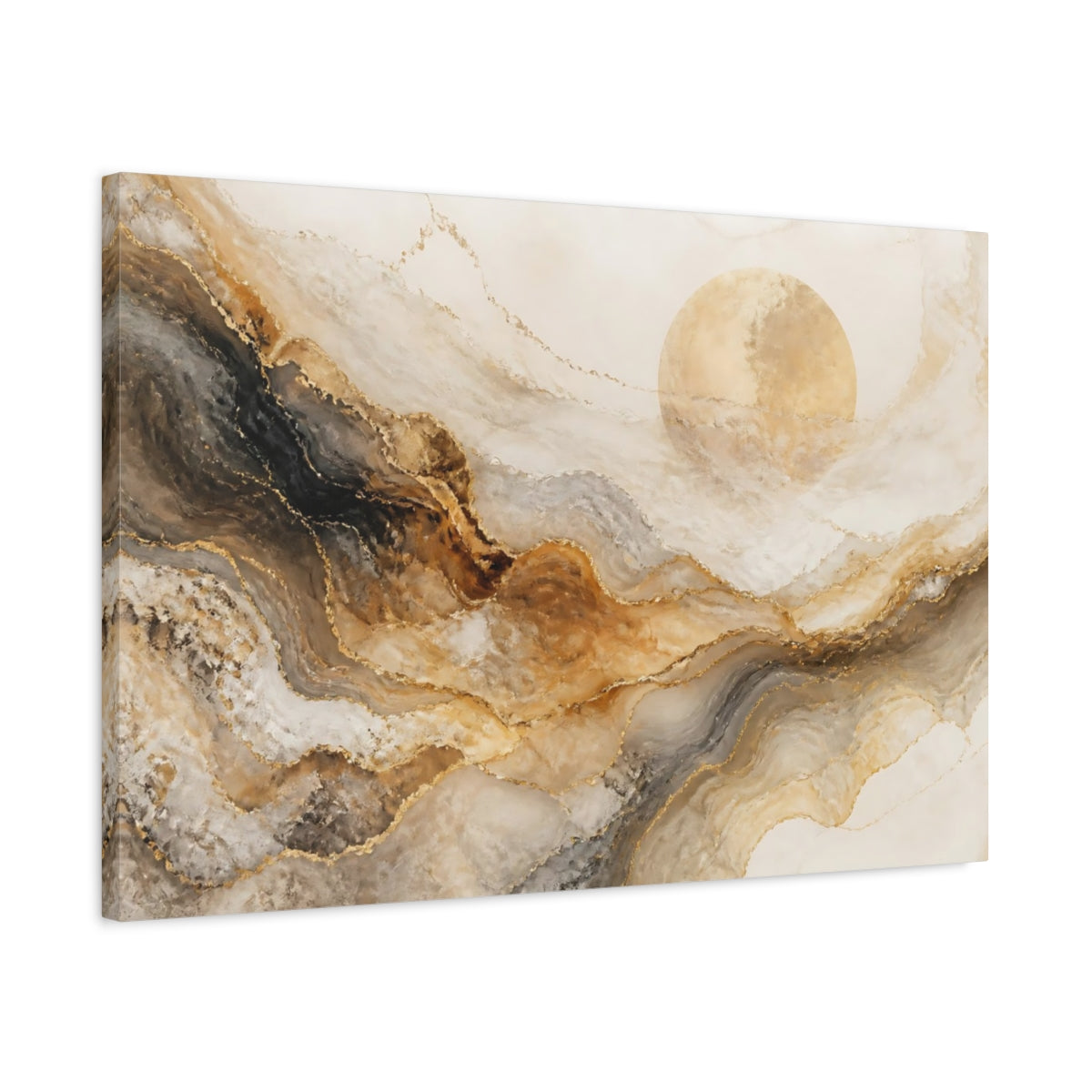 Side Mockup 2. Abstract Golden Marble Sun shown as canvas print