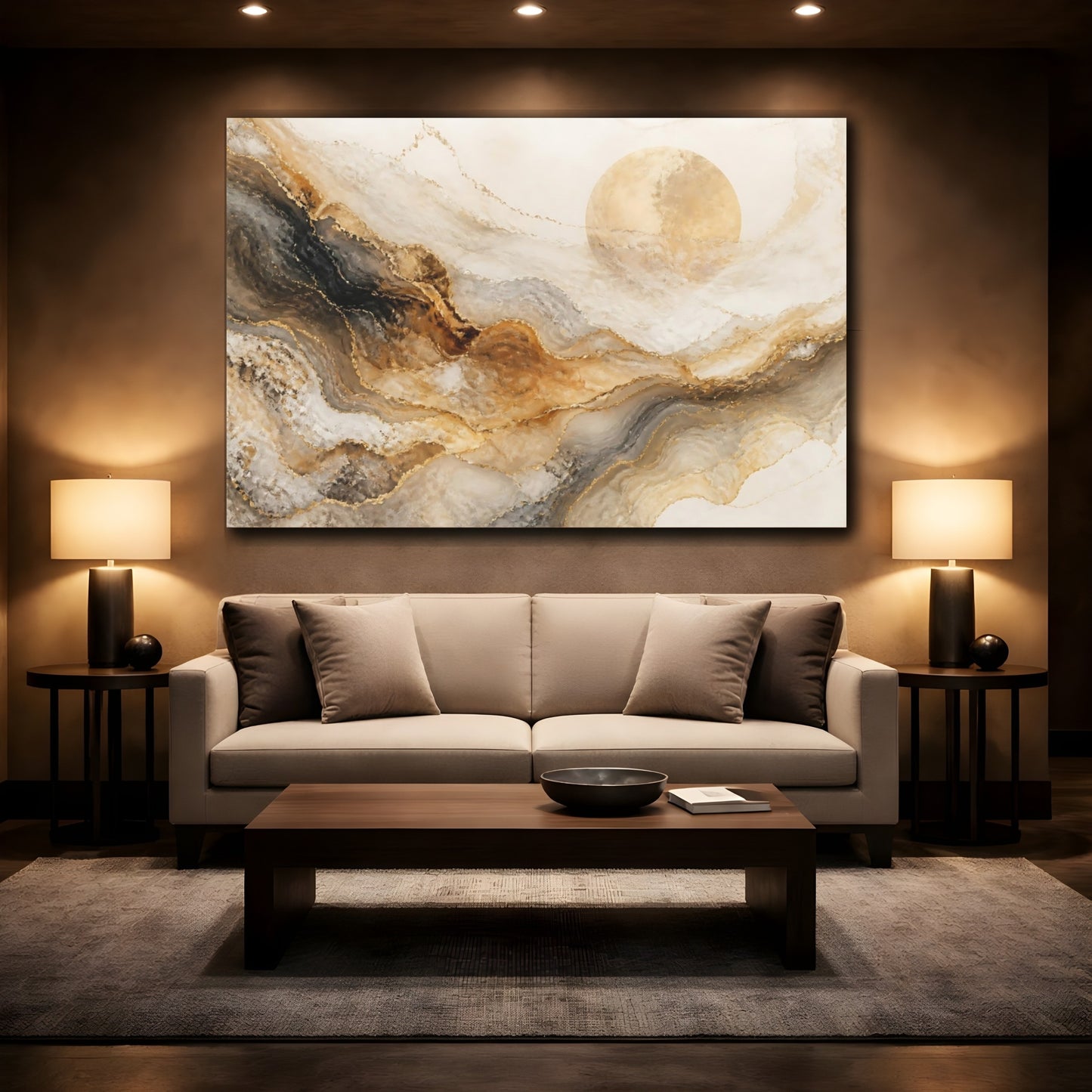 Mockup 2. Abstract Golden Marble Sun shown as canvas print
