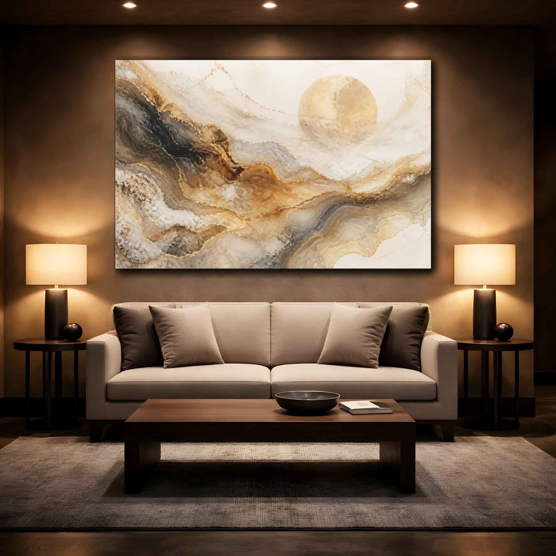 Mockup 2. Abstract Golden Marble Sun shown as canvas print