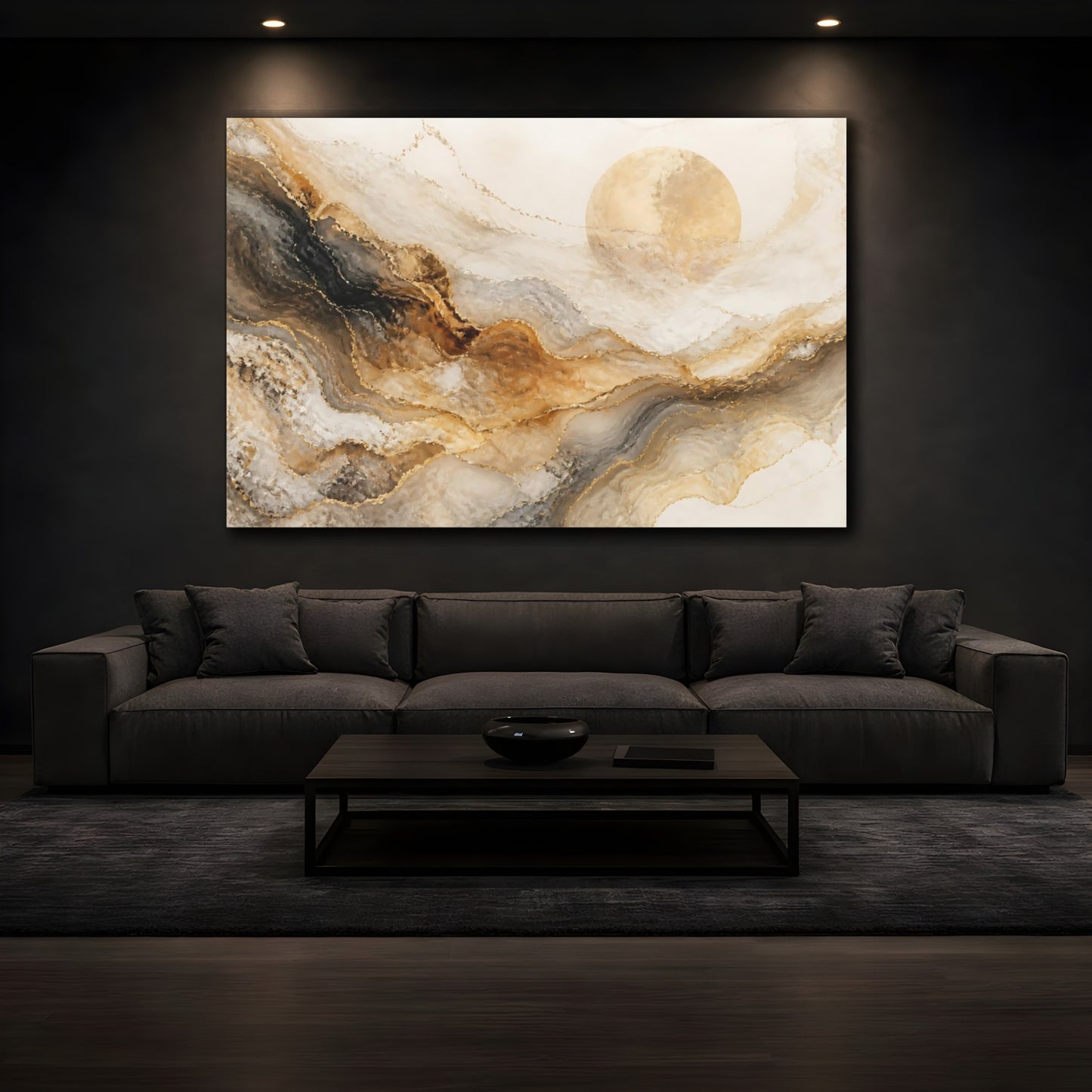 Mockup 3. Abstract Golden Marble Sun shown as canvas print